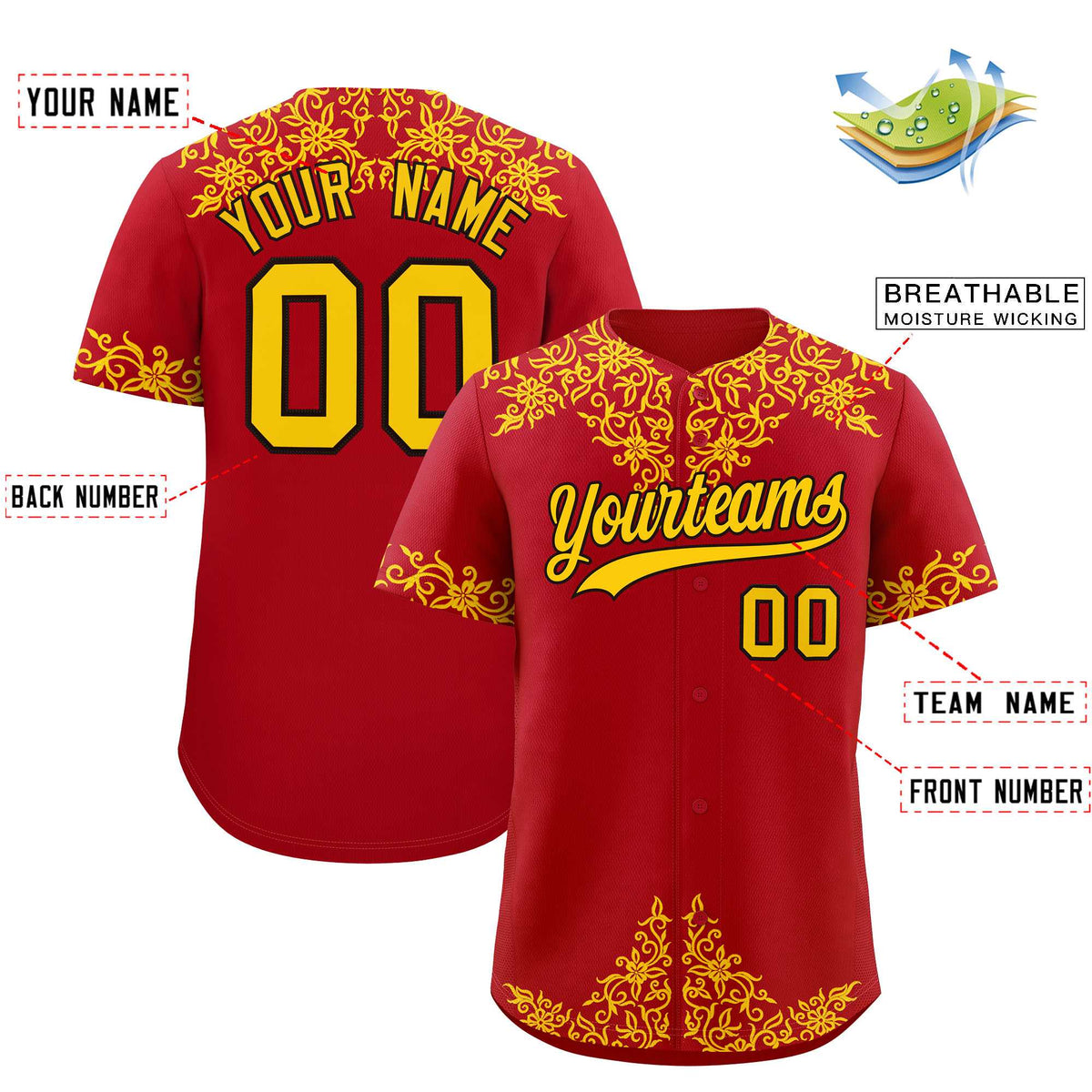 Custom Red Gold Baroque Style Personalized Baseball Jersey