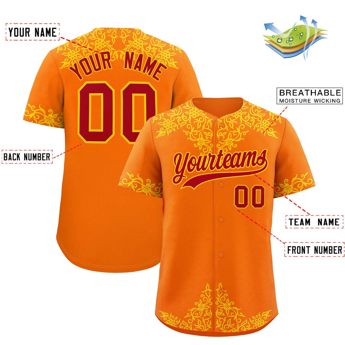 Custom Orange Gold Baroque Style Personalized Baseball Jersey