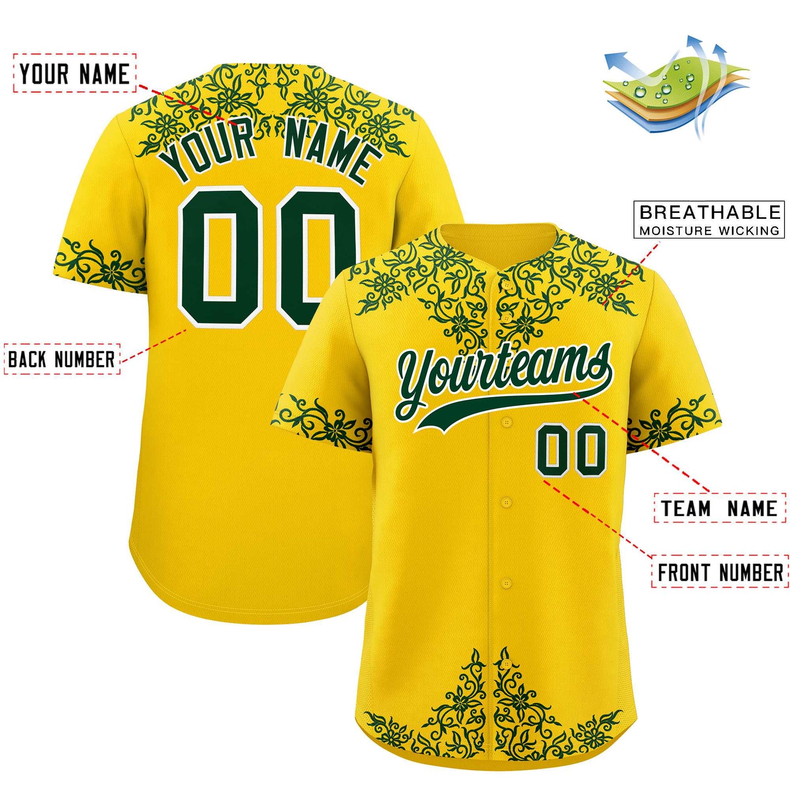 Custom Gold Green Baroque Style Personalized Baseball Jersey