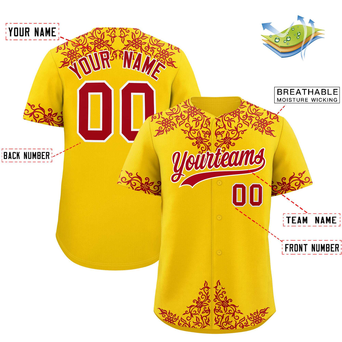 Custom Gold Red Baroque Style Personalized Baseball Jersey