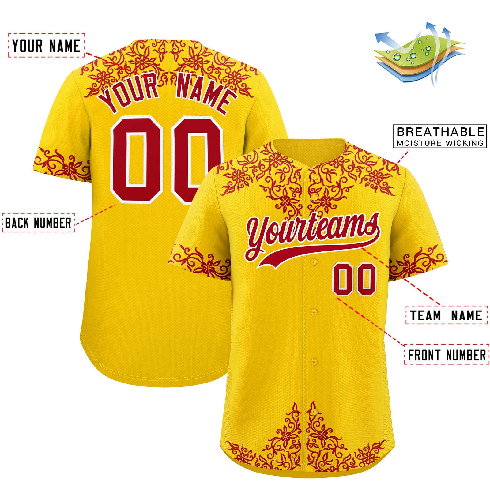 Custom Gold Red Baroque Style Personalized Baseball Jersey