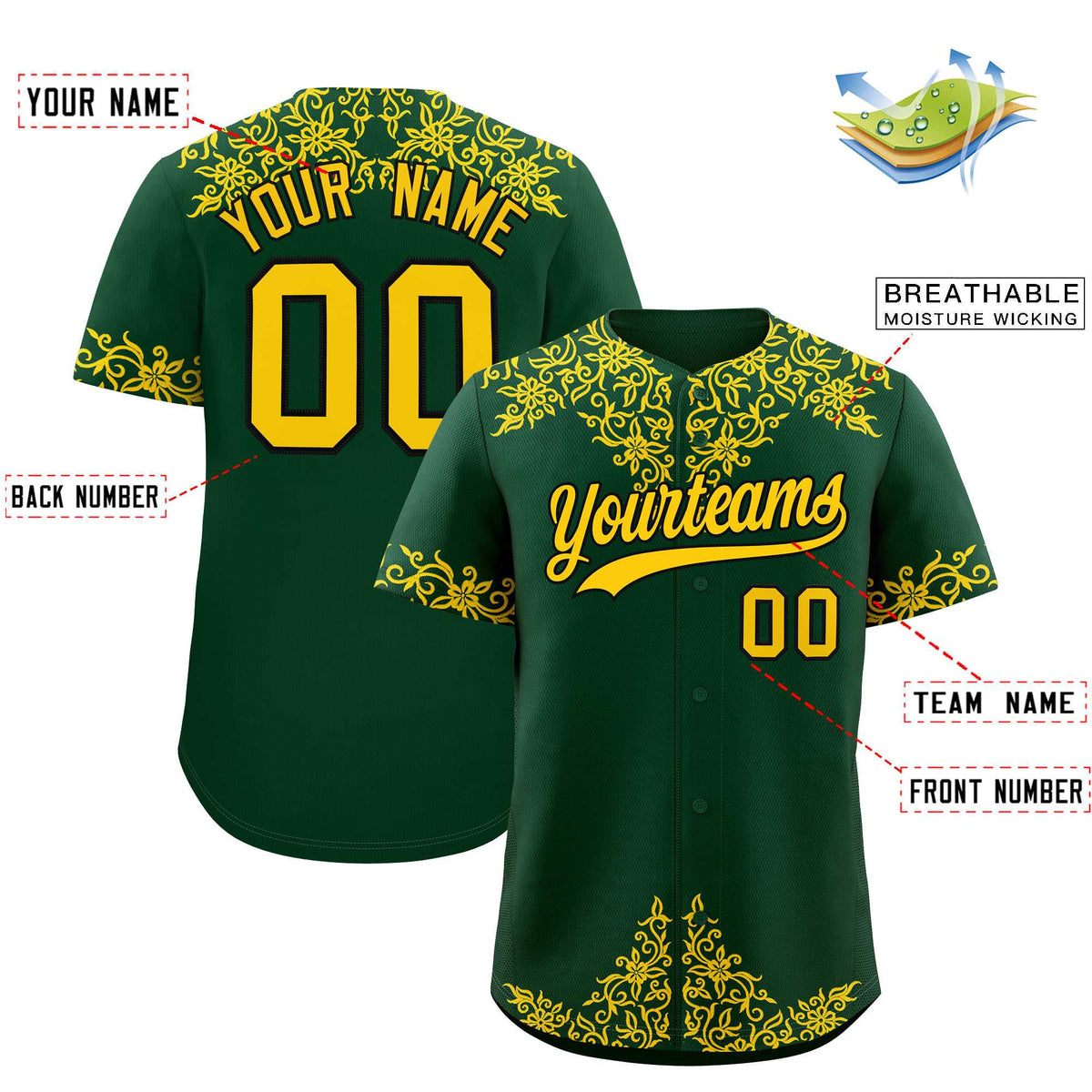 Custom Green Gold Baroque Style Personalized Baseball Jersey