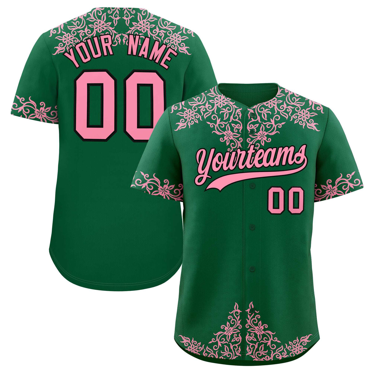Custom Kelly Green Light Pink Baroque Style Personalized Baseball Jersey