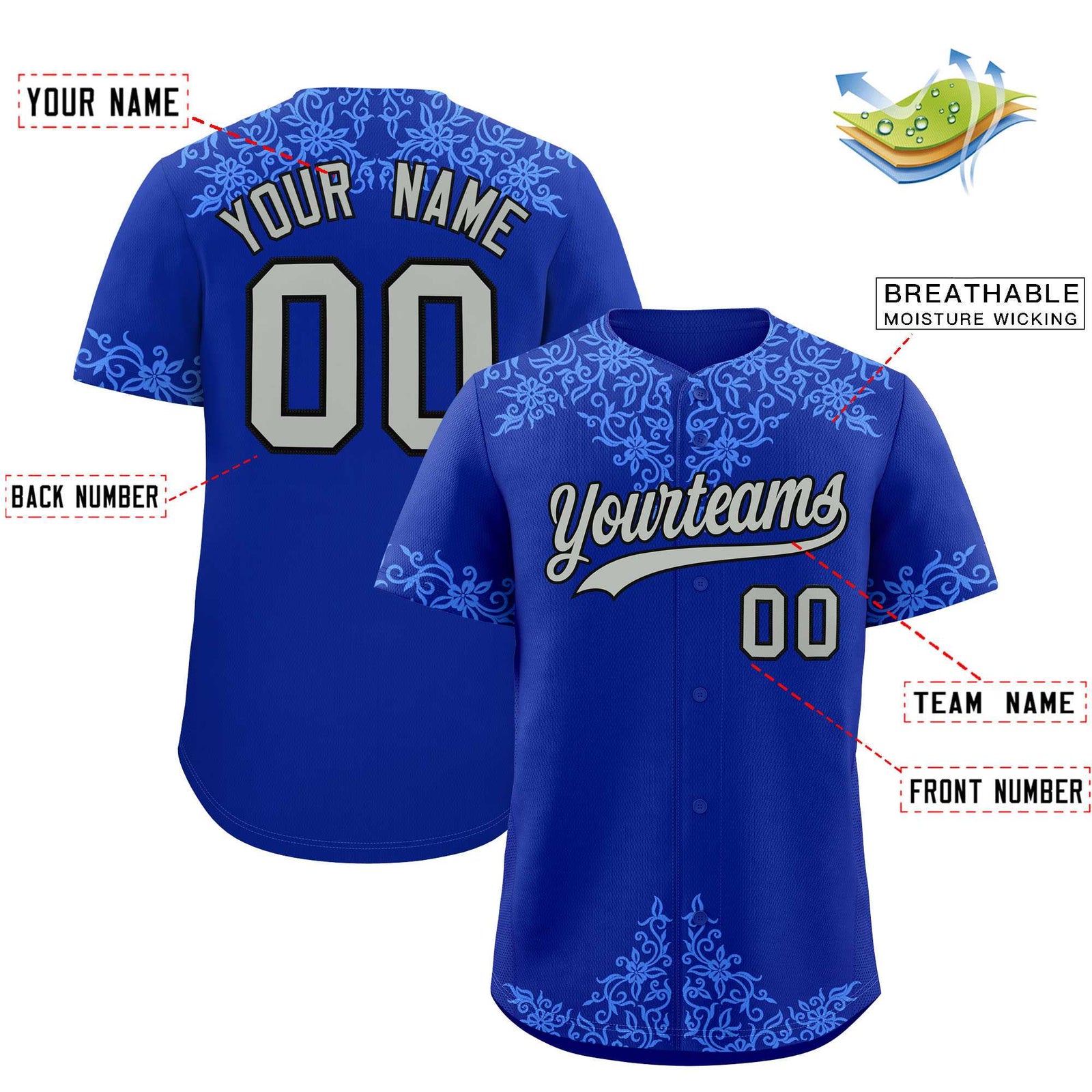 Custom Royal Powder Blue Baroque Style Personalized Baseball Jersey
