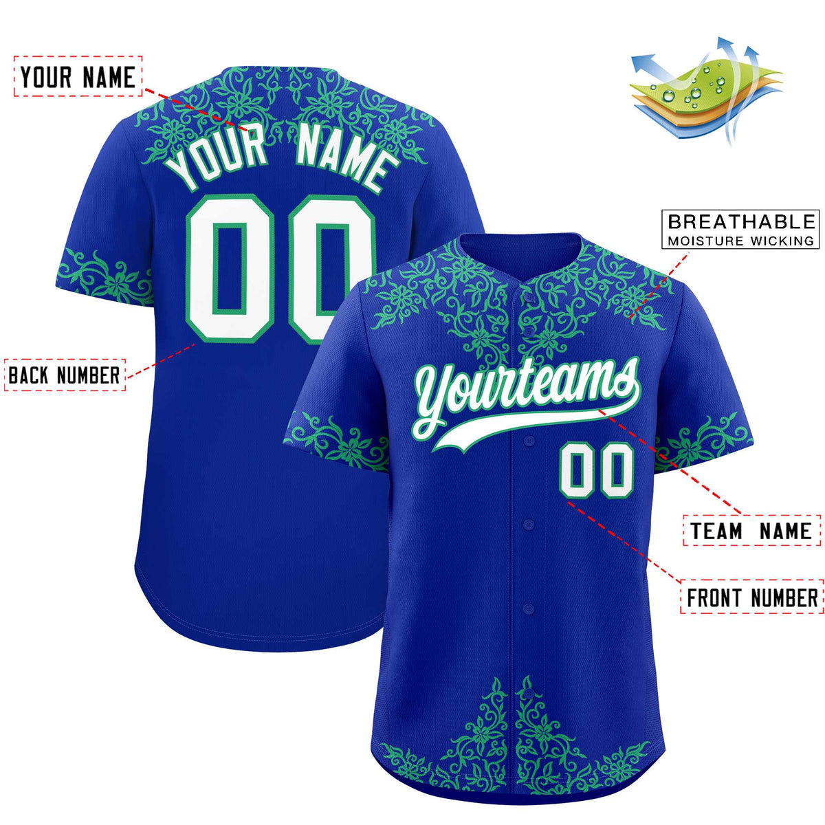 Custom Royal Bright Green Baroque Style Personalized Baseball Jersey