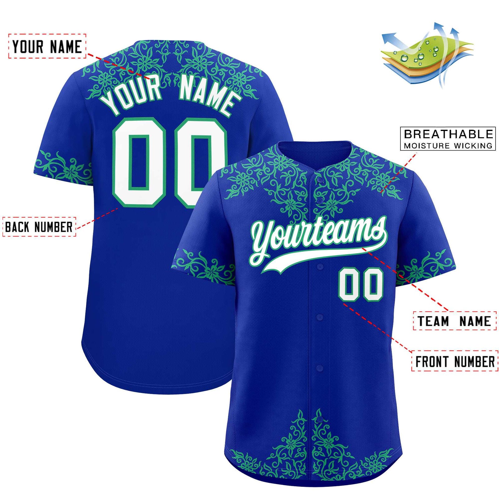 Custom Royal Bright Green Baroque Style Personalized Baseball Jersey