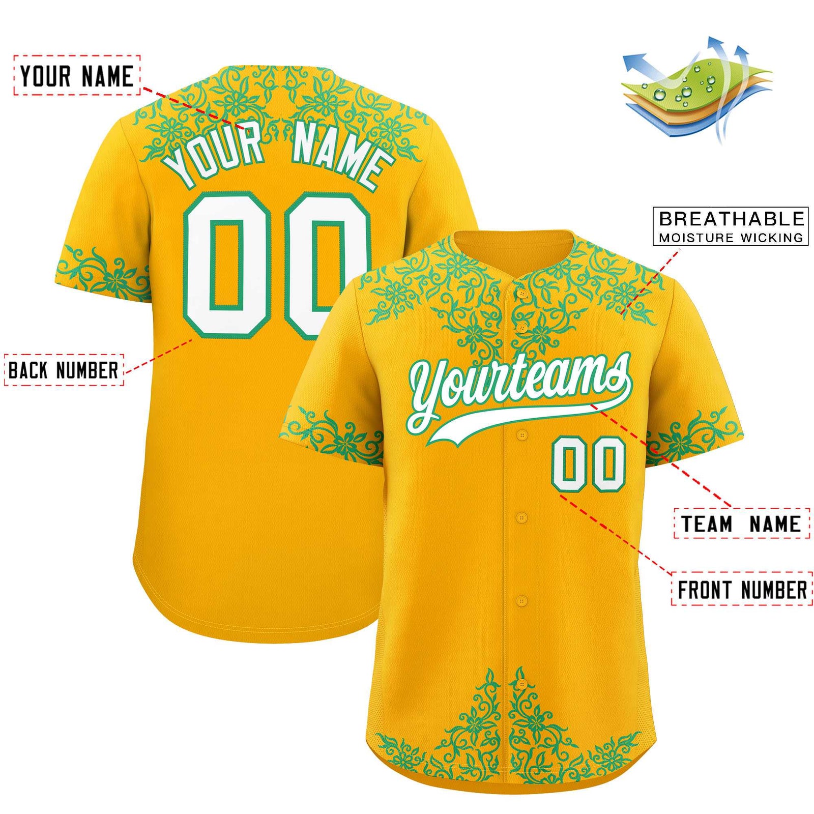 Custom Yellow Bright Green Baroque Style Personalized Baseball Jersey