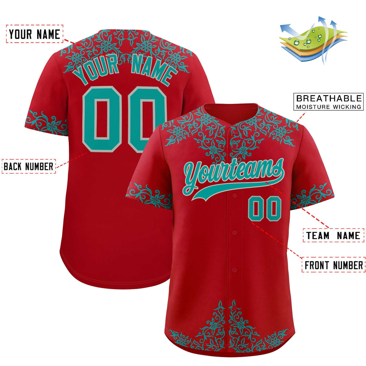 Custom Red Teal Baroque Style Personalized Baseball Jersey