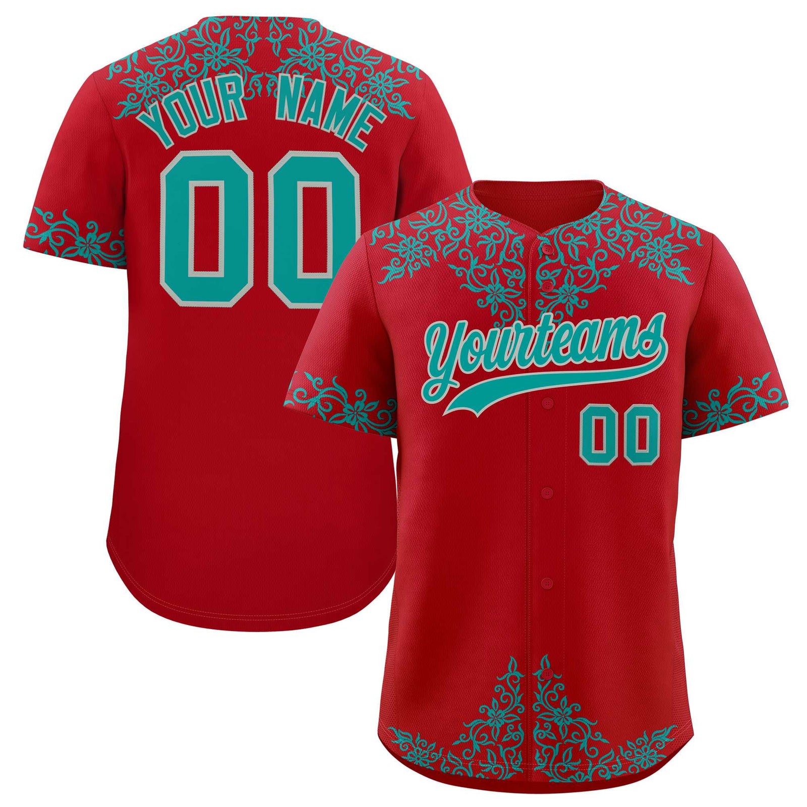 Custom Red Teal Baroque Style Personalized Baseball Jersey