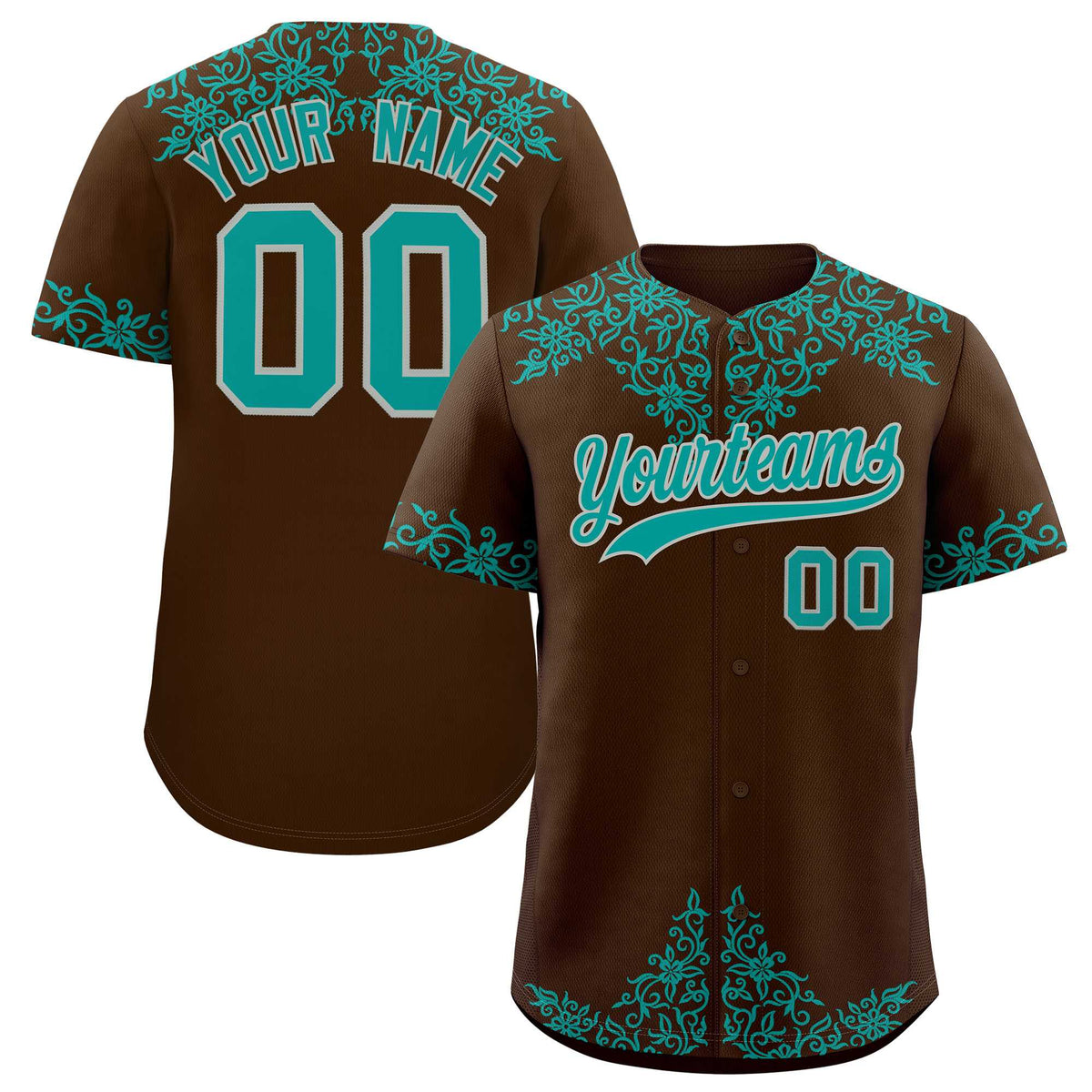 Custom Brown Teal Baroque Style Personalized Baseball Jersey