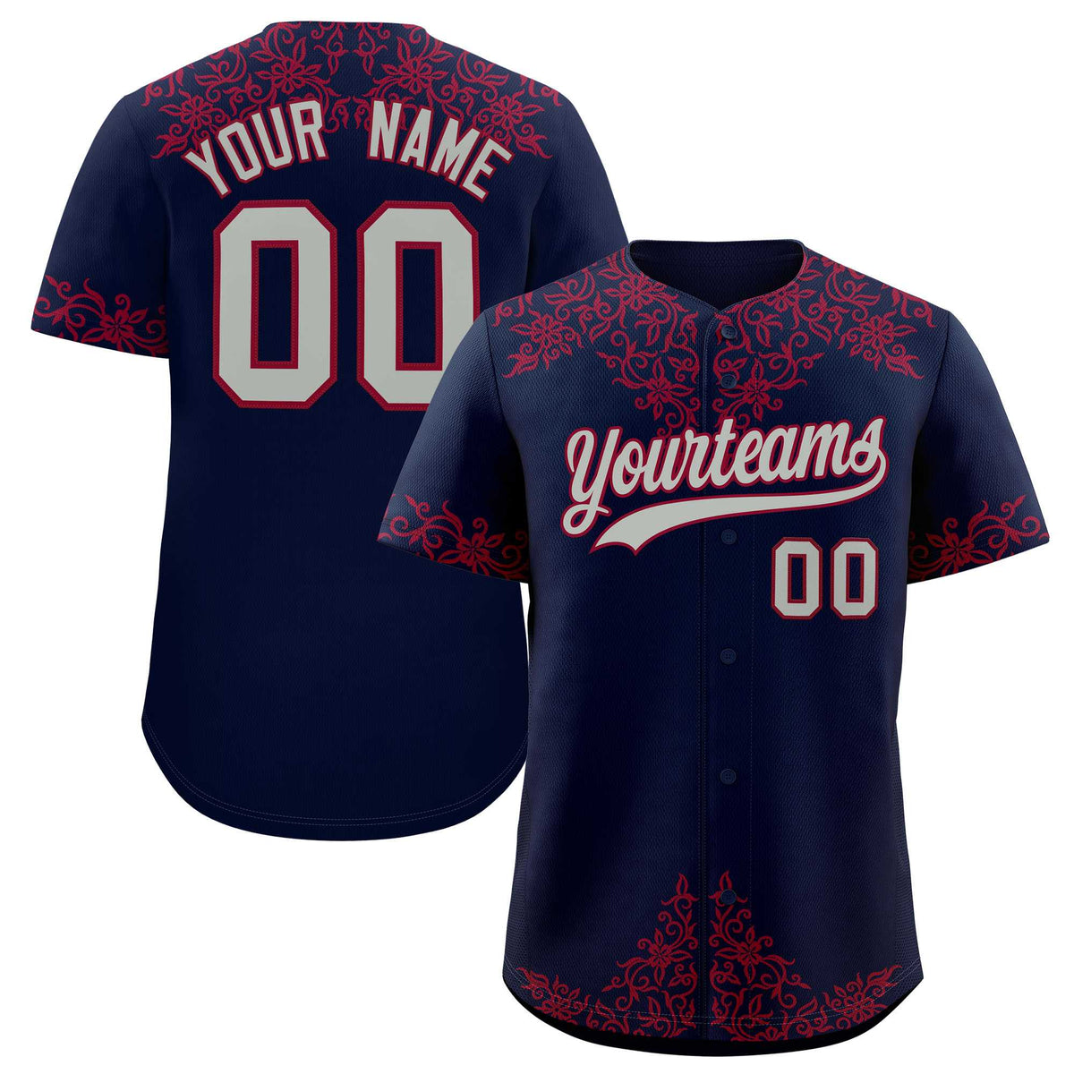 Custom Navy Crimson Baroque Style Personalized Baseball Jersey