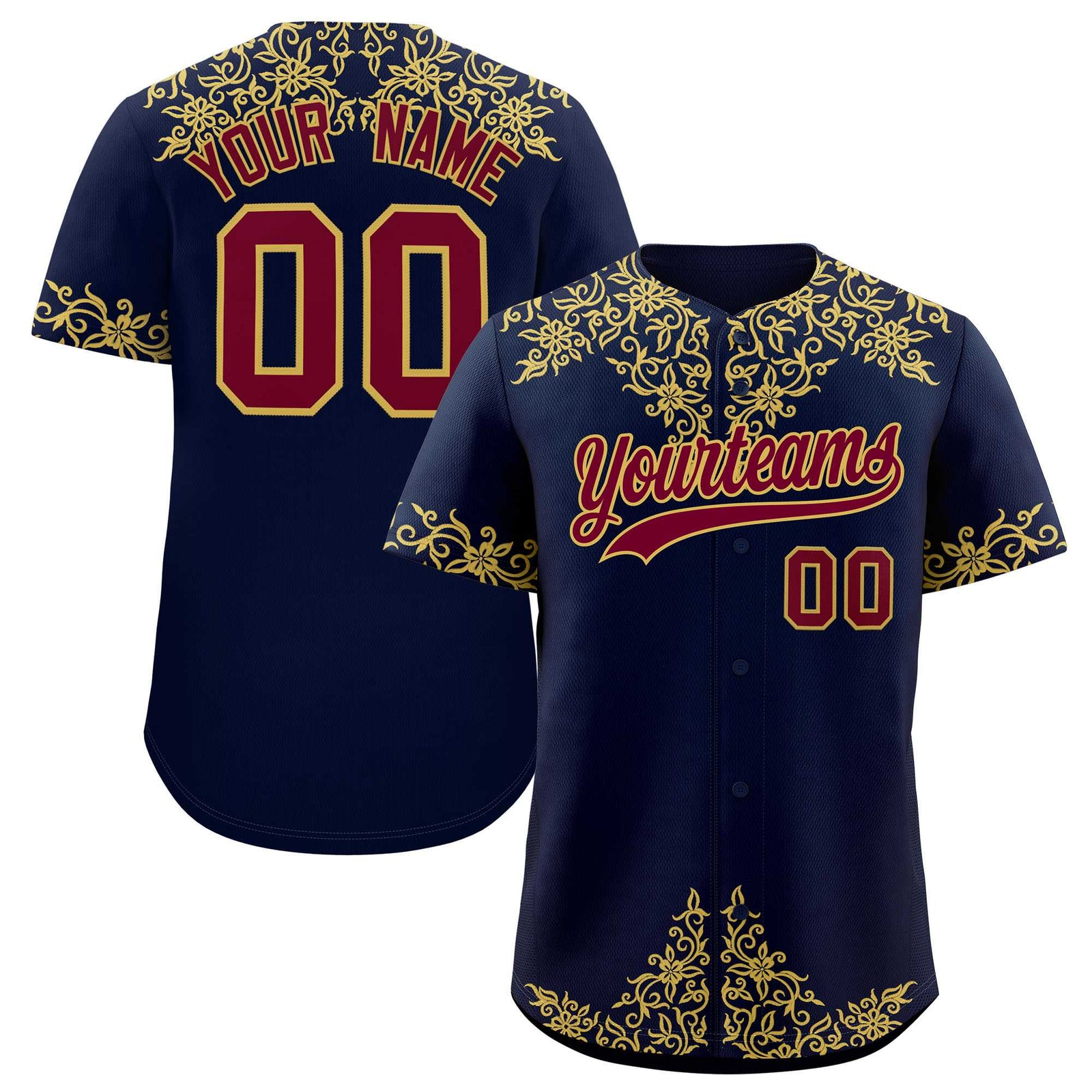 Custom Navy Old Gold Baroque Style Personalized Baseball Jersey