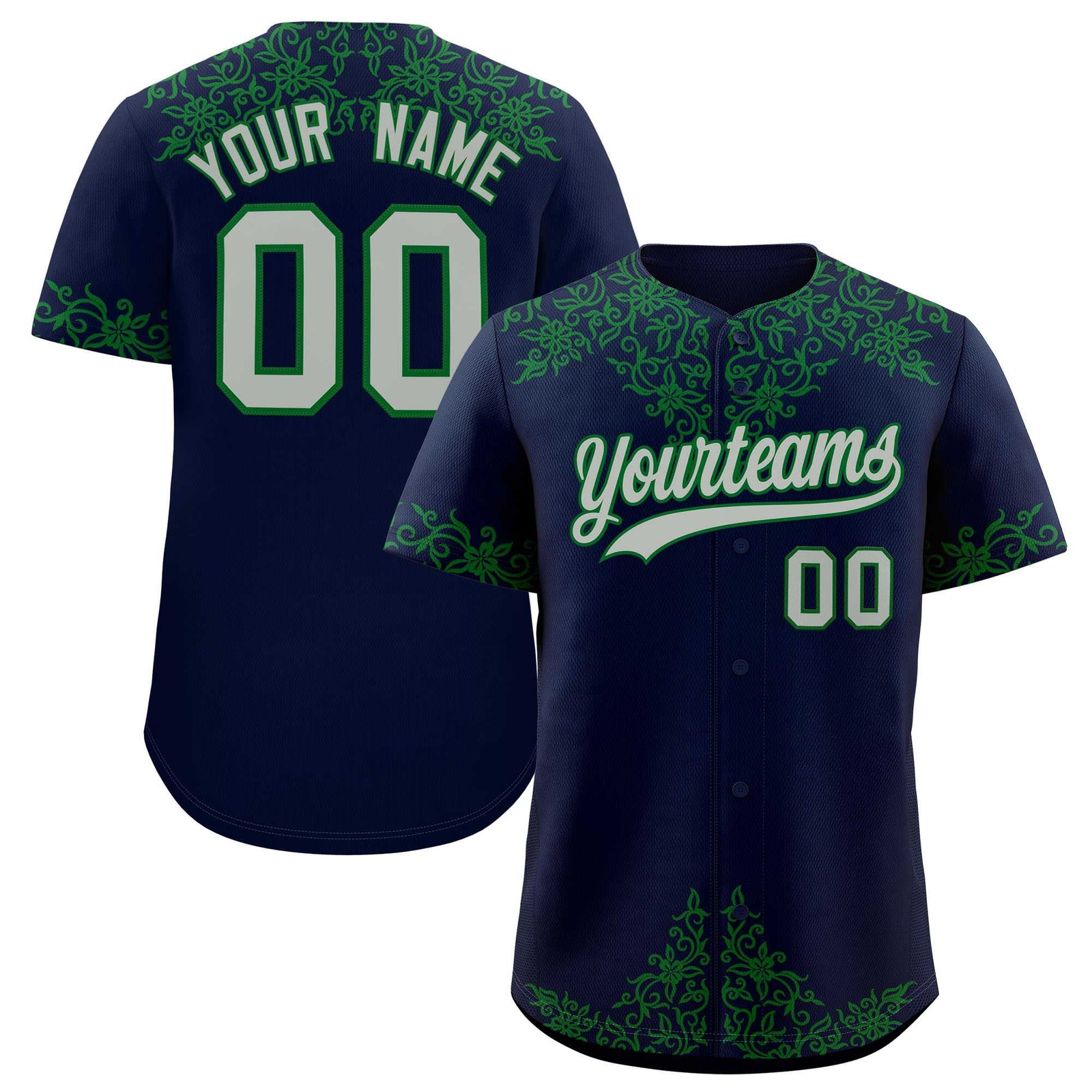 Custom Navy Kelly Green Baroque Style Personalized Baseball Jersey