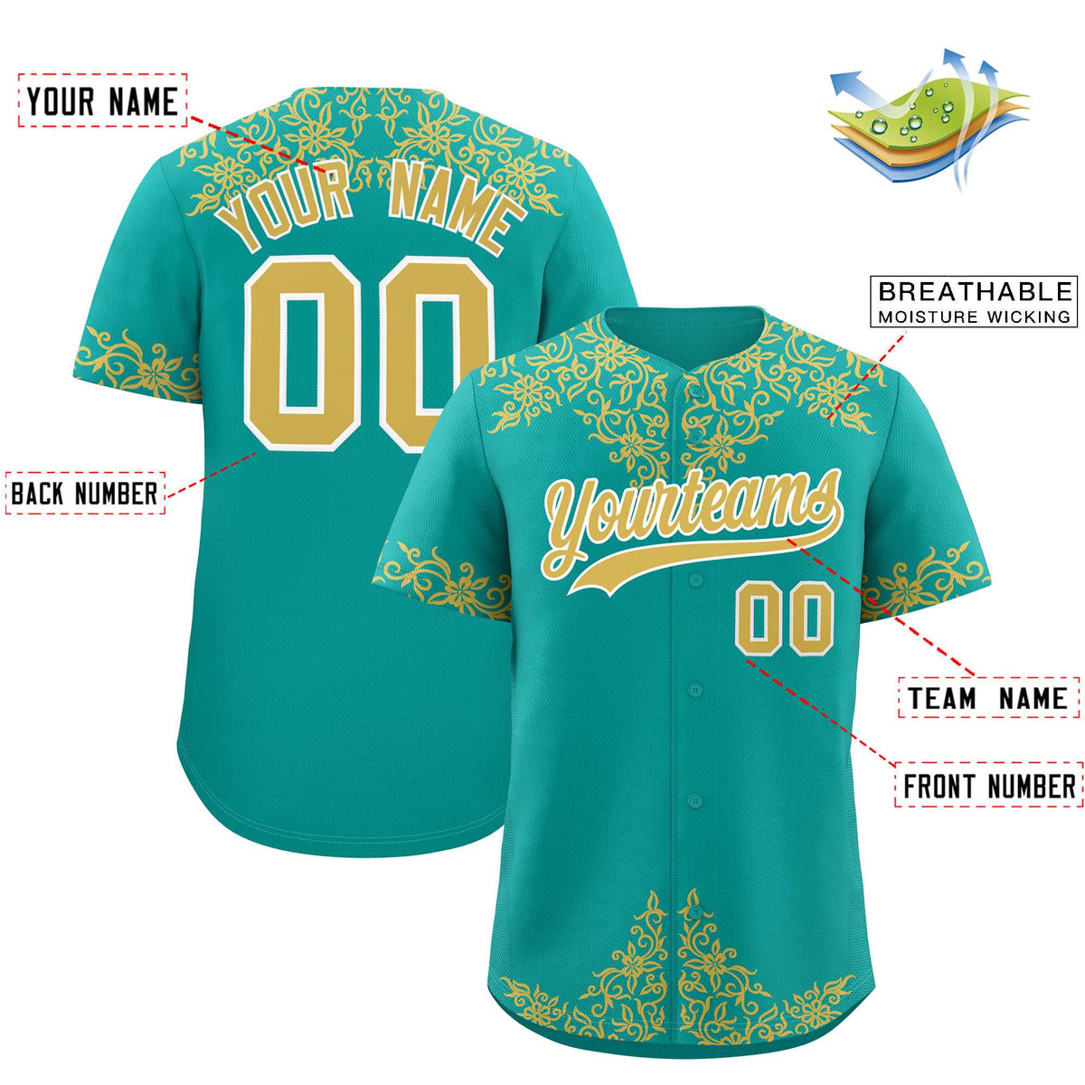 Custom Aqua Old Gold Baroque Style Personalized Baseball Jersey