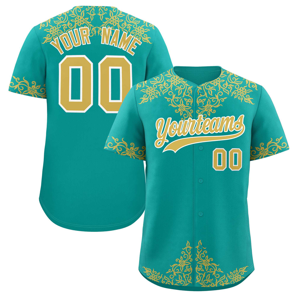 Custom Aqua Old Gold Baroque Style Personalized Baseball Jersey