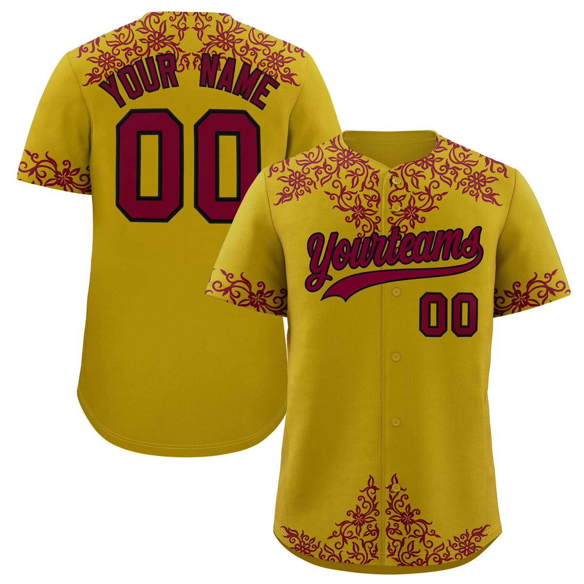Custom Old Gold Crimson Baroque Style Personalized Baseball Jersey