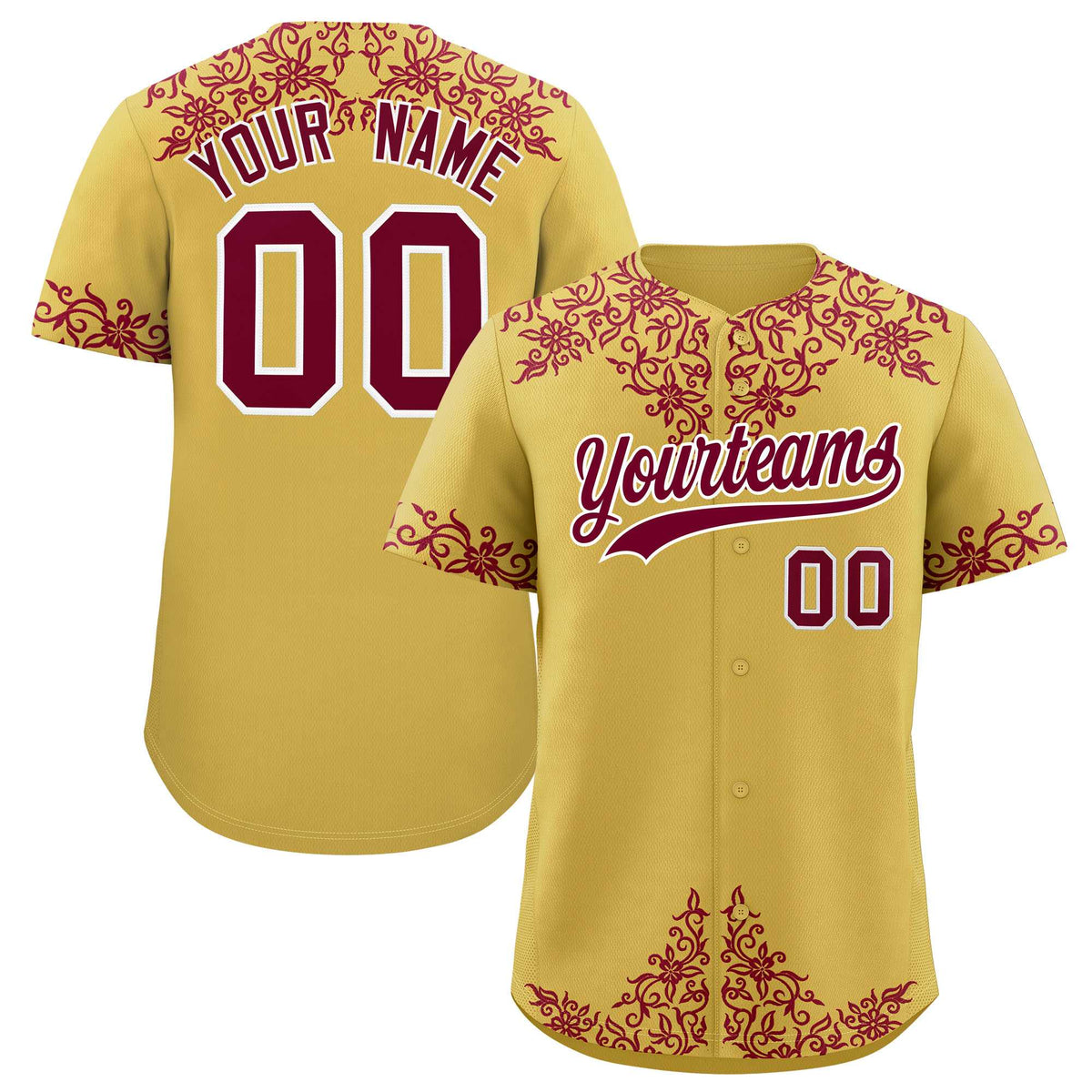 Custom Old Gold Crimson Baroque Style Personalized Baseball Jersey