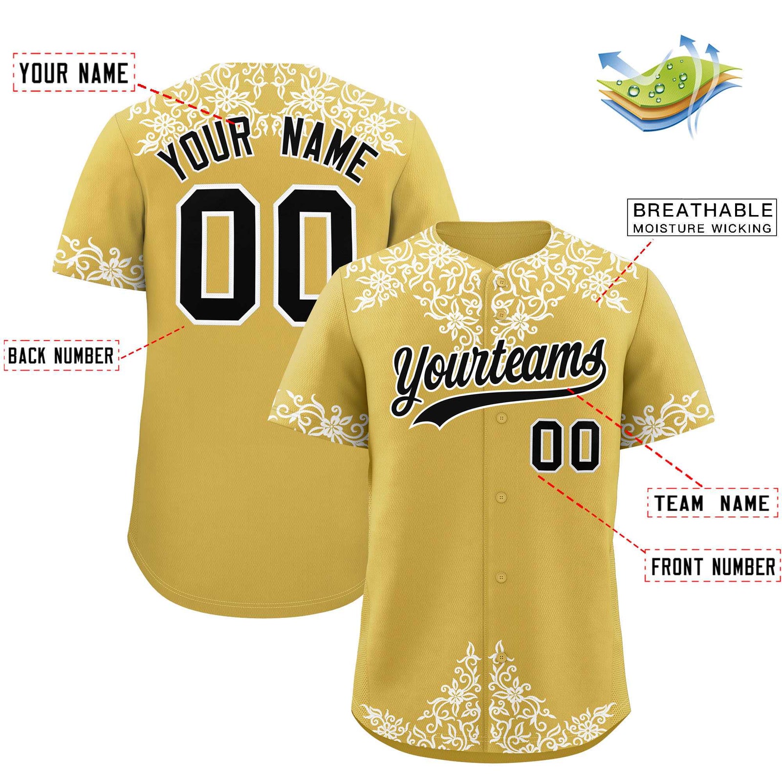 Custom Old Gold White Baroque Style Personalized Baseball Jersey