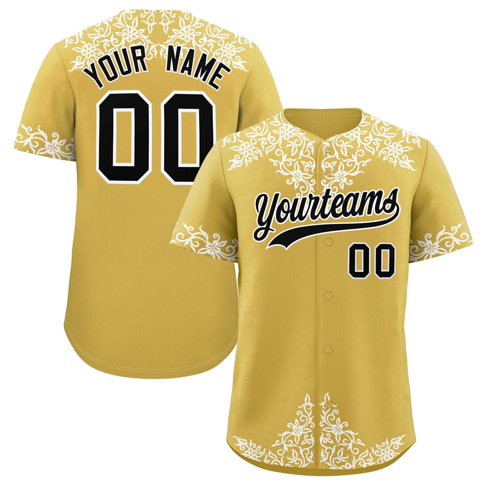 Custom Old Gold White Baroque Style Personalized Baseball Jersey