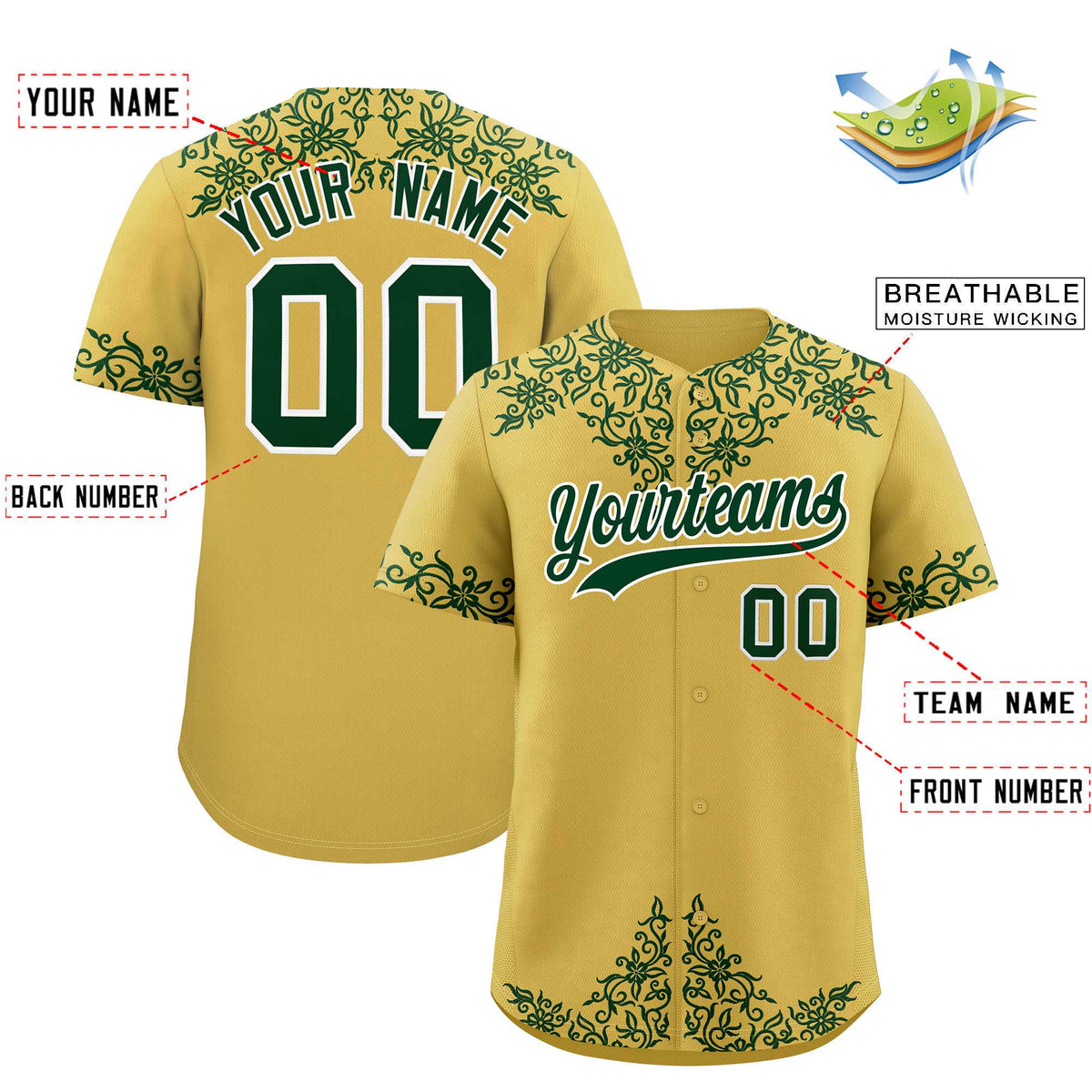 Custom Old Gold Green Baroque Style Personalized Baseball Jersey