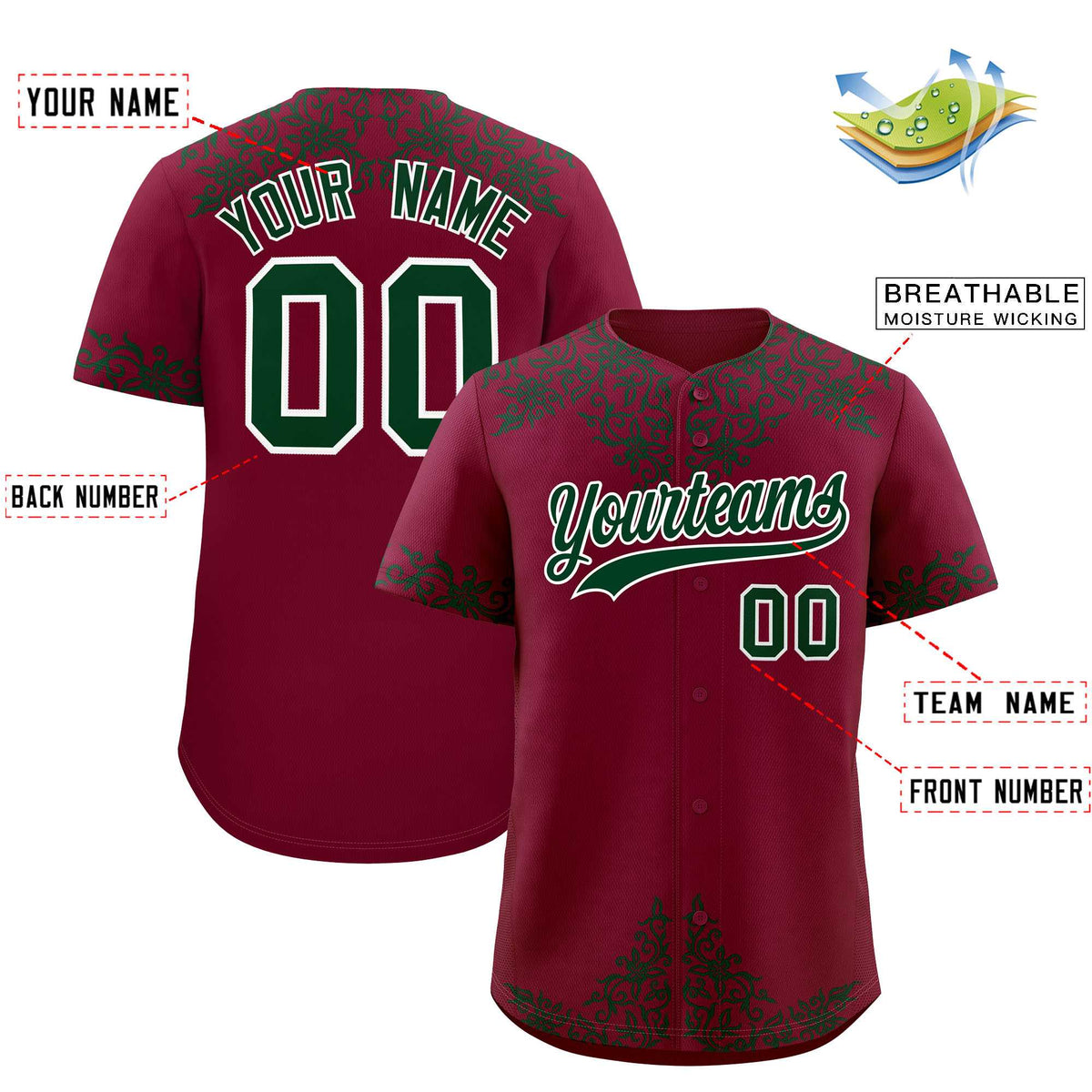 Custom Crimson Green Baroque Style Personalized Baseball Jersey