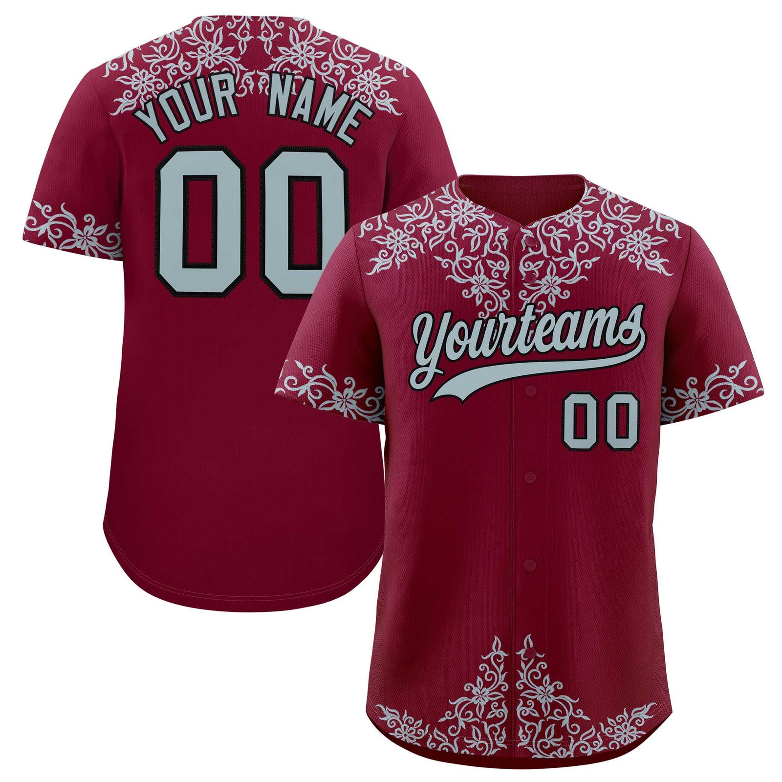 Custom Crimson Silver Baroque Style Personalized Baseball Jersey