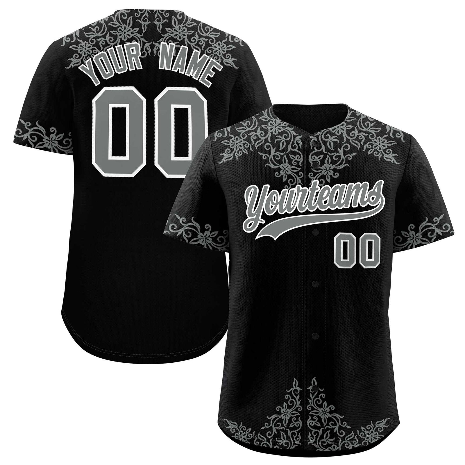 Custom Black Gray Baroque Style Personalized Baseball Jersey