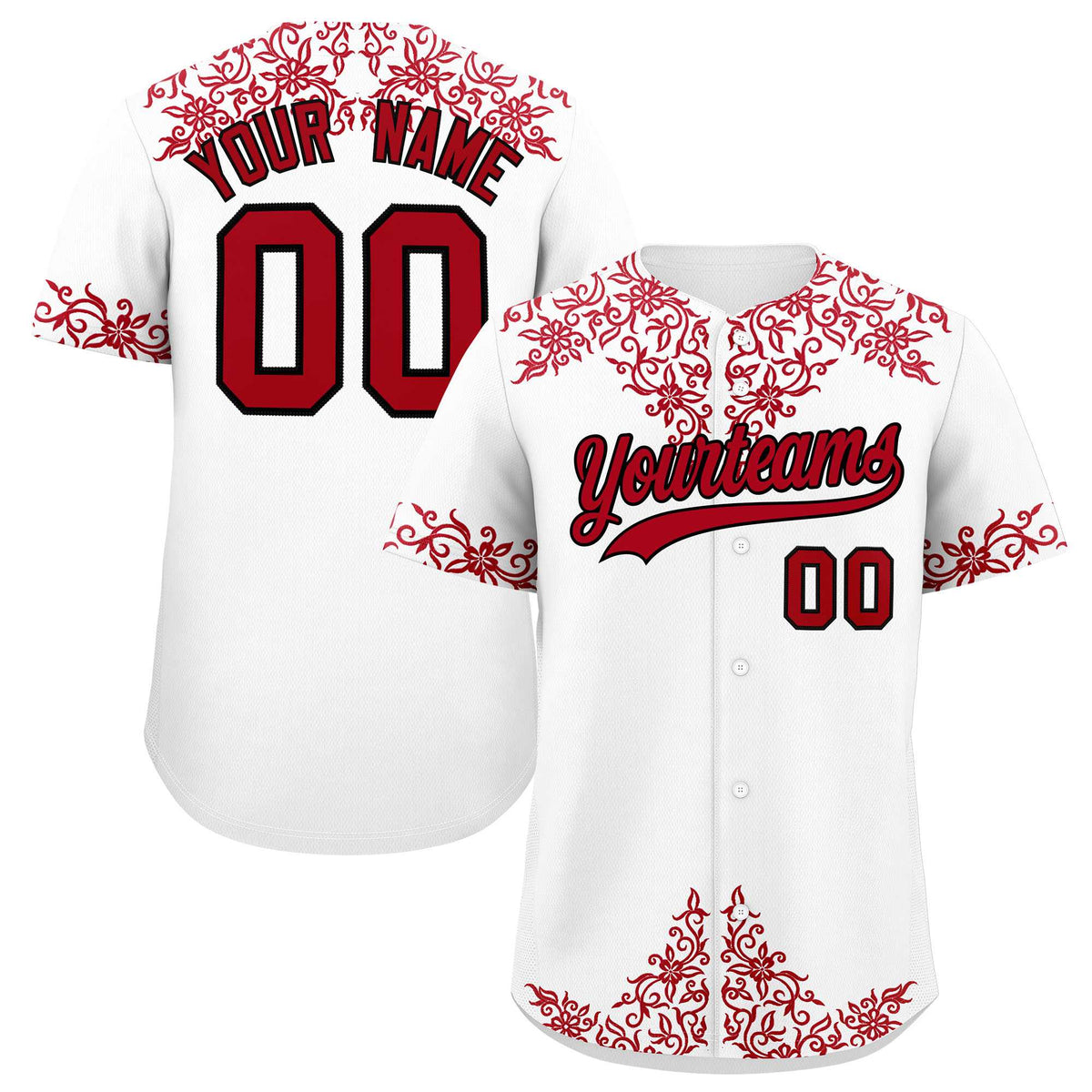 Custom White Red Baroque Style Personalized Baseball Jersey