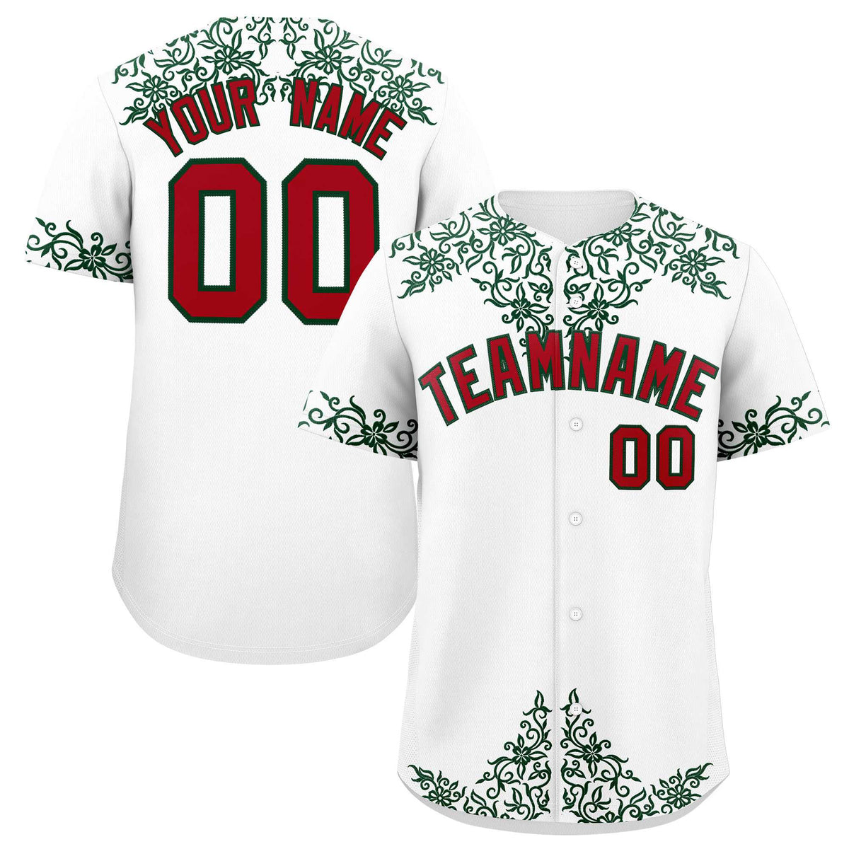 Custom White Green Baroque Style Personalized Baseball Jersey