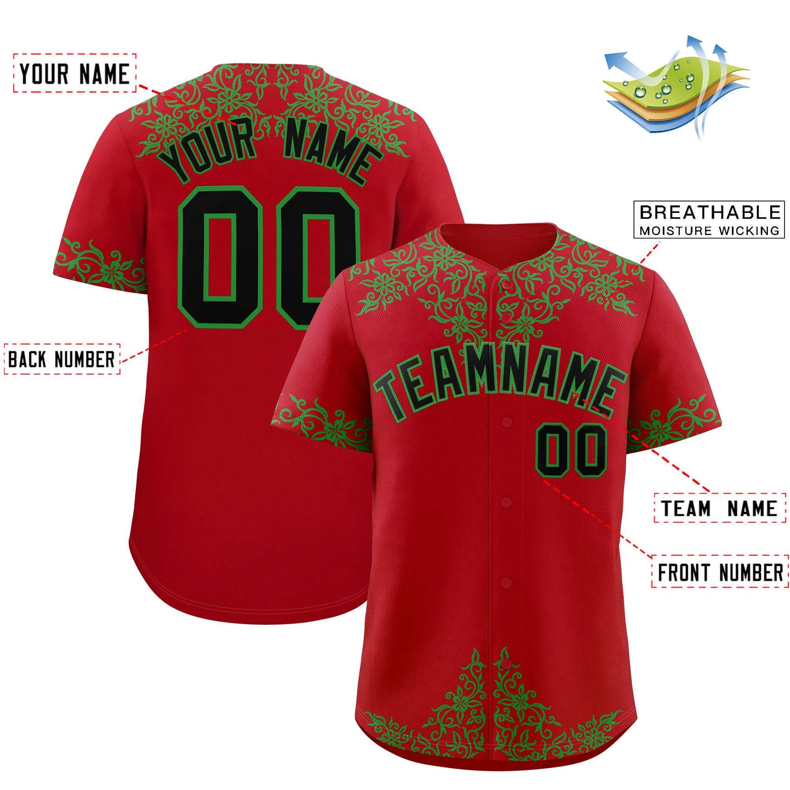 Custom Red Kelly Green Baroque Style Personalized Baseball Jersey