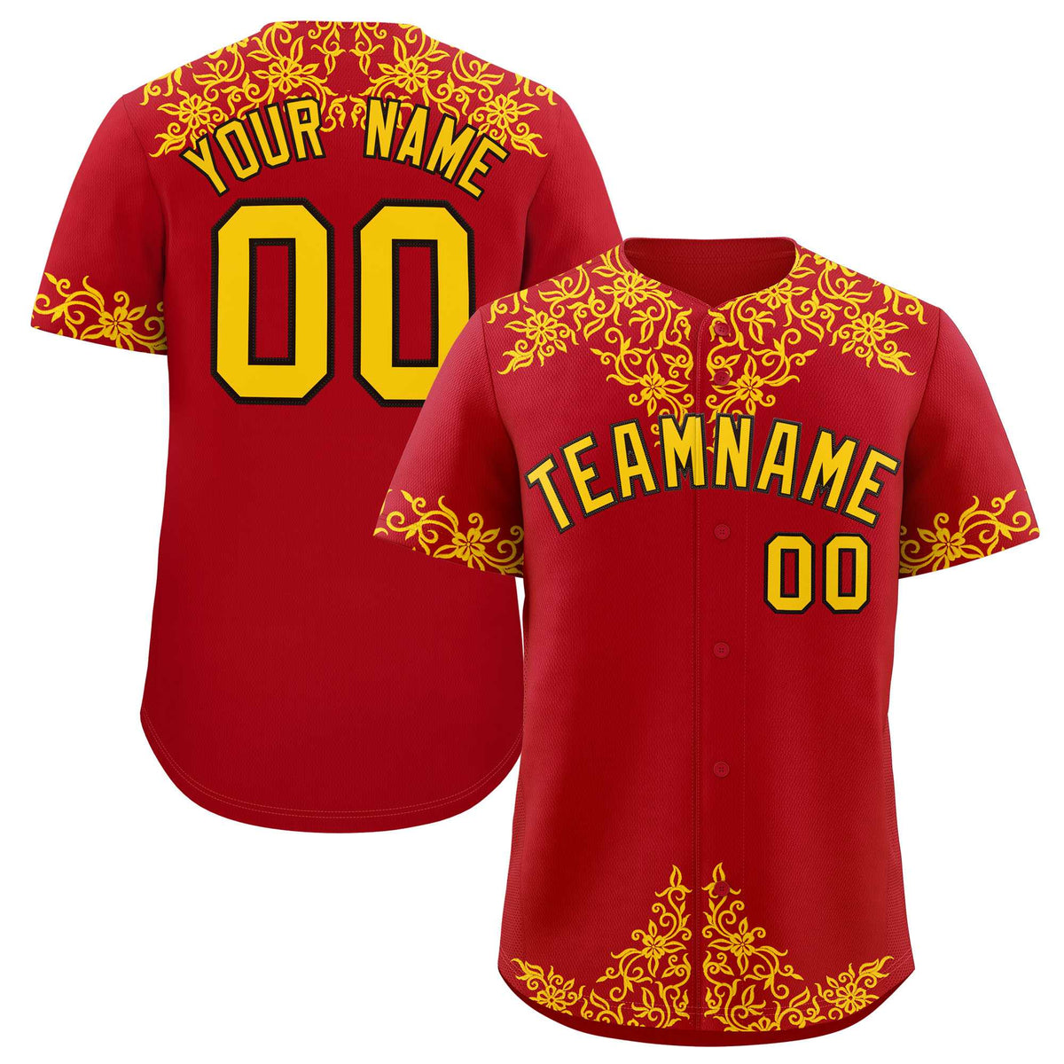 Custom Red Gold Baroque Style Personalized Baseball Jersey