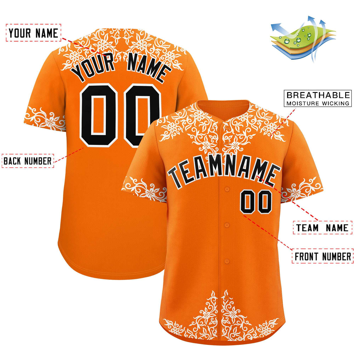Custom Orange White Baroque Style Personalized Baseball Jersey