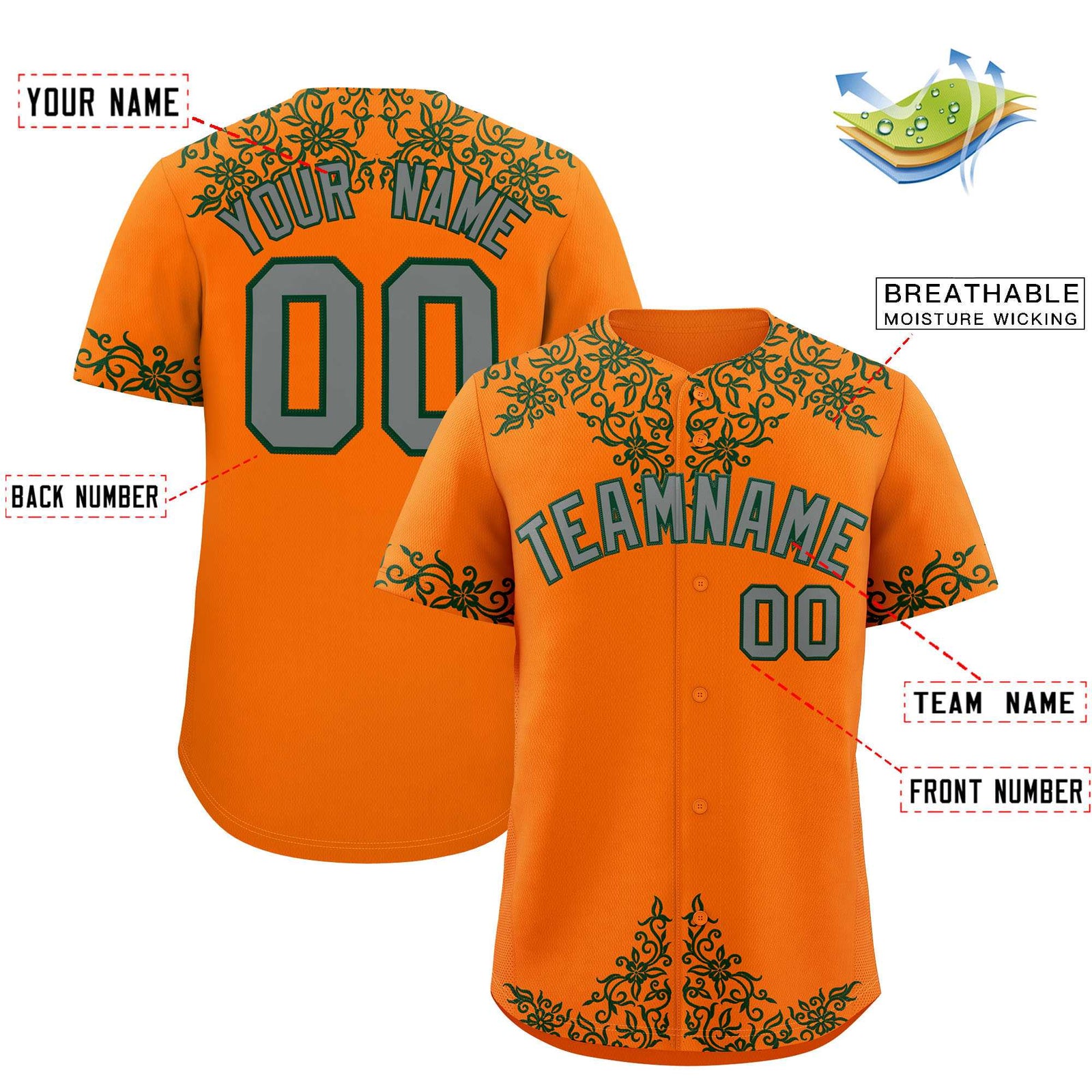 Custom Orange Green Baroque Style Personalized Baseball Jersey