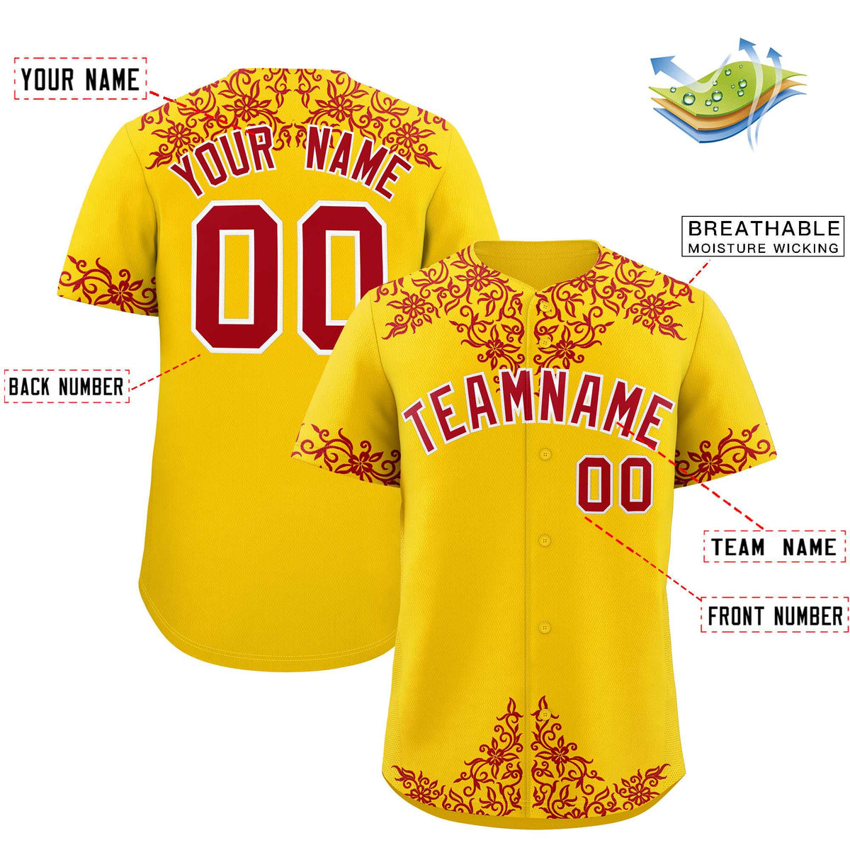 Custom Gold Red Baroque Style Personalized Baseball Jersey