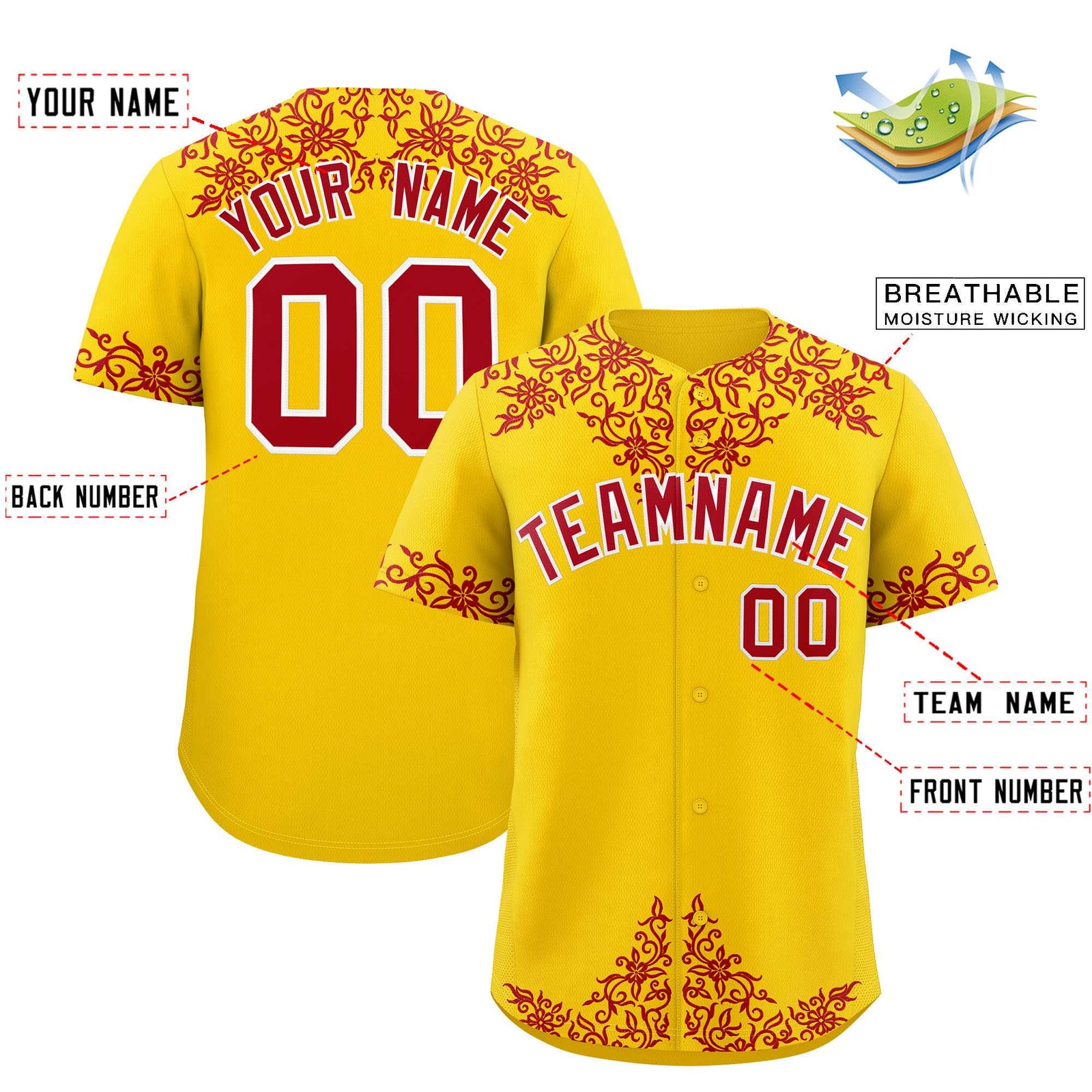 Custom Gold Red Baroque Style Personalized Baseball Jersey