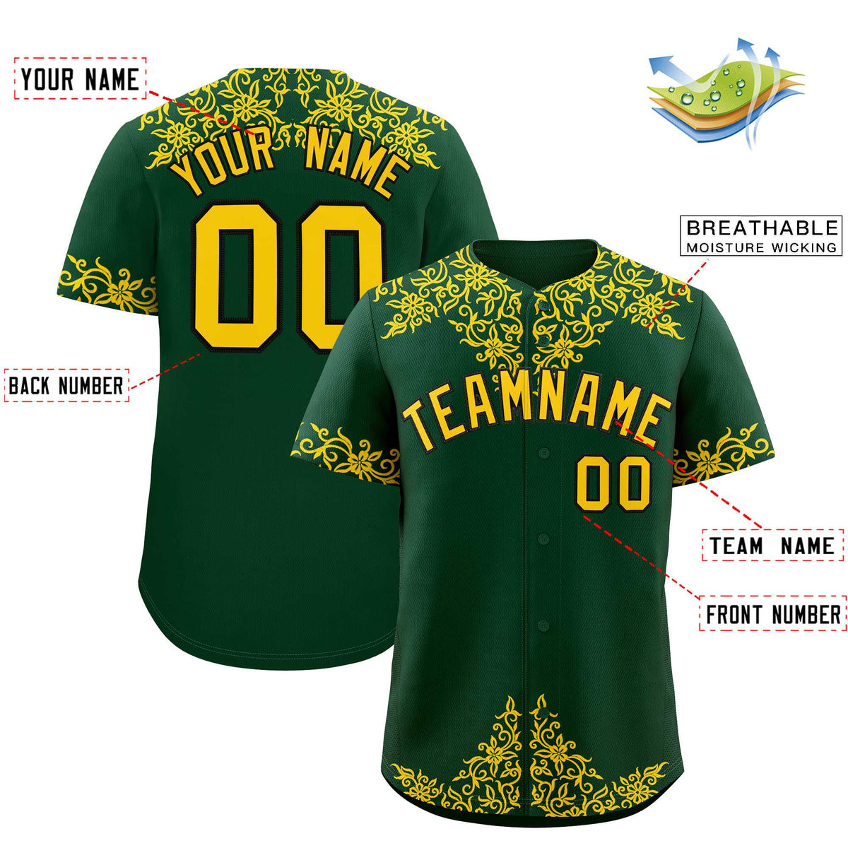 Custom Green Gold Baroque Style Personalized Baseball Jersey