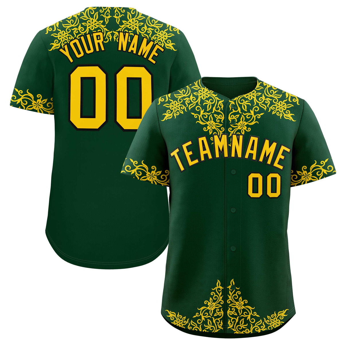 Custom Green Gold Baroque Style Personalized Baseball Jersey