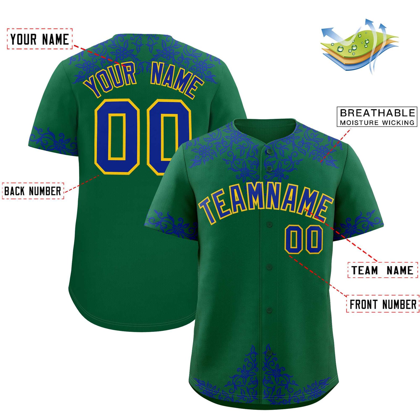 Custom Kelly Green Royal Baroque Style Personalized Baseball Jersey