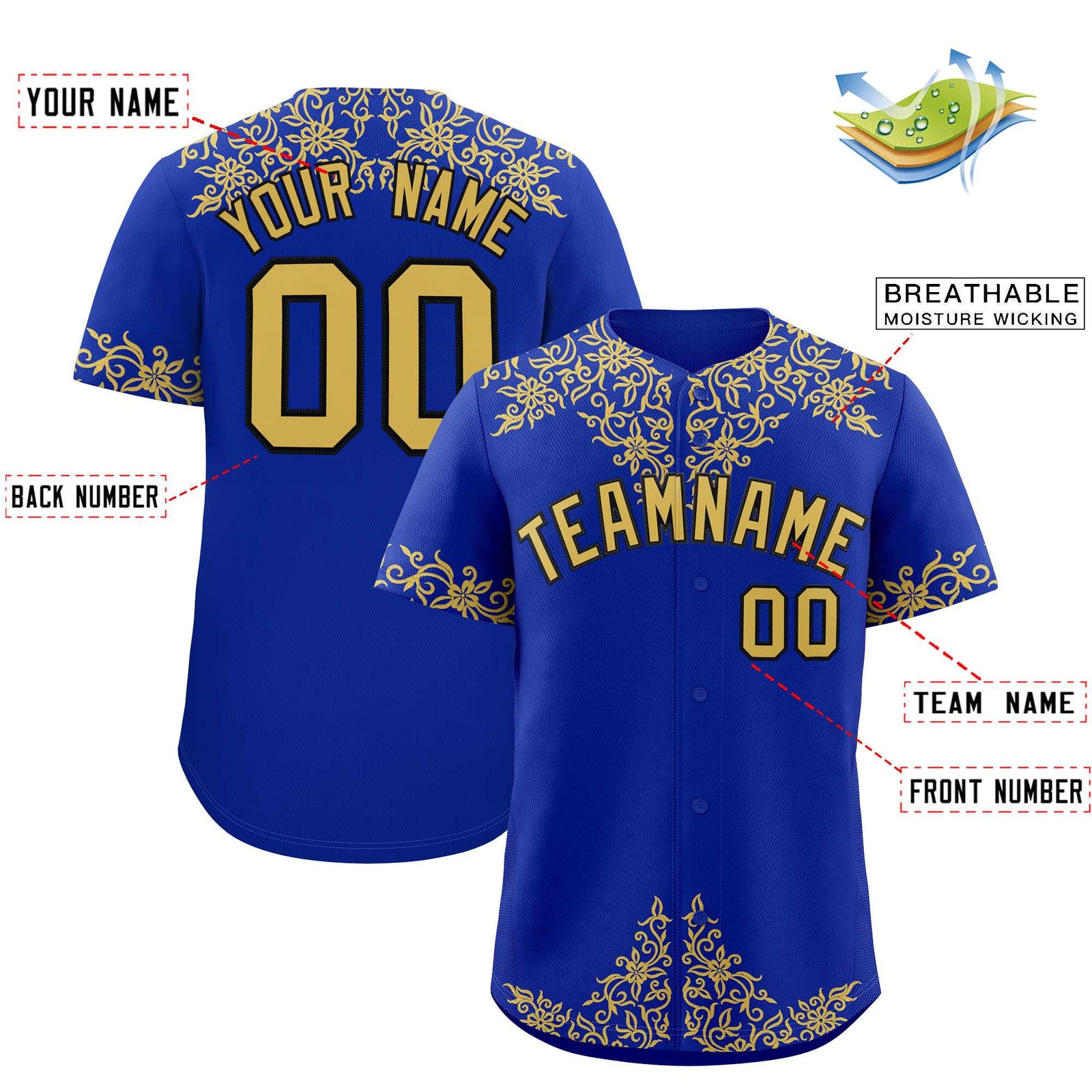 Custom Royal Old Gold Baroque Style Personalized Baseball Jersey