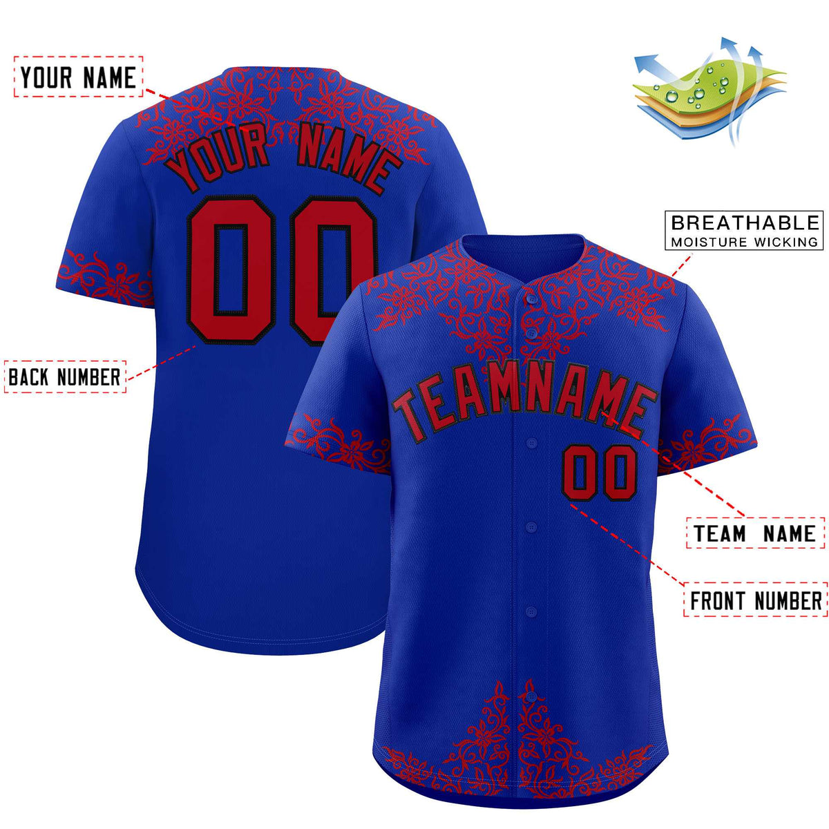 Custom Royal Red Baroque Style Personalized Baseball Jersey