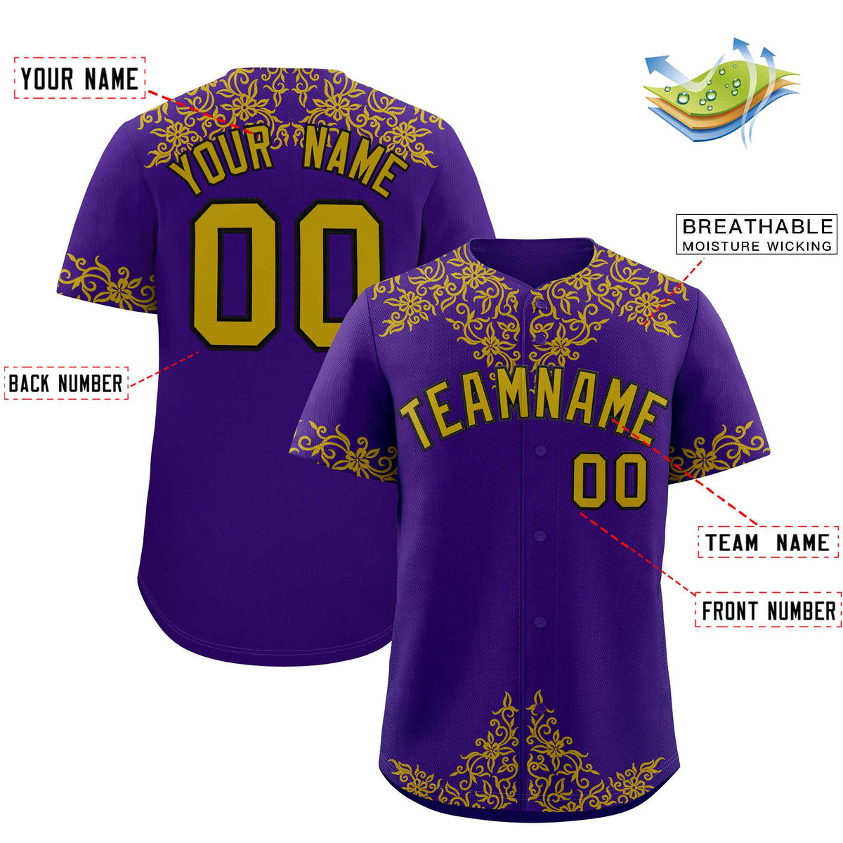 Custom Purple Old Gold Baroque Style Personalized Baseball Jersey