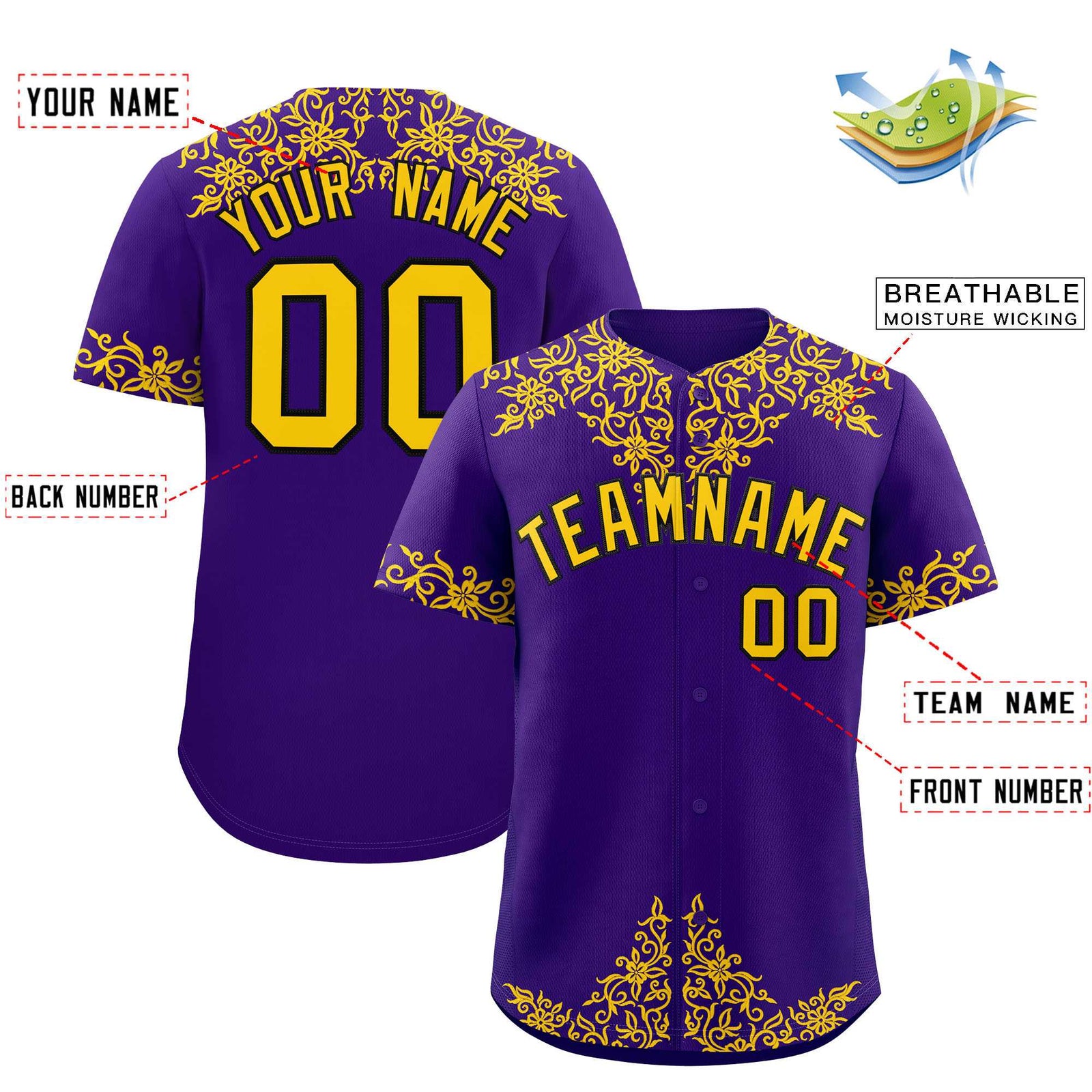 Custom Purple Gold Baroque Style Personalized Baseball Jersey