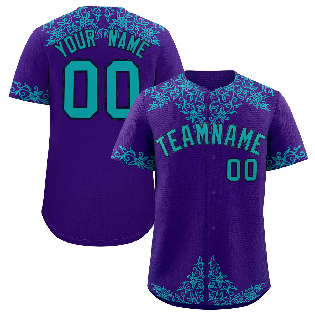 Custom Purple Aqua Baroque Style Personalized Baseball Jersey