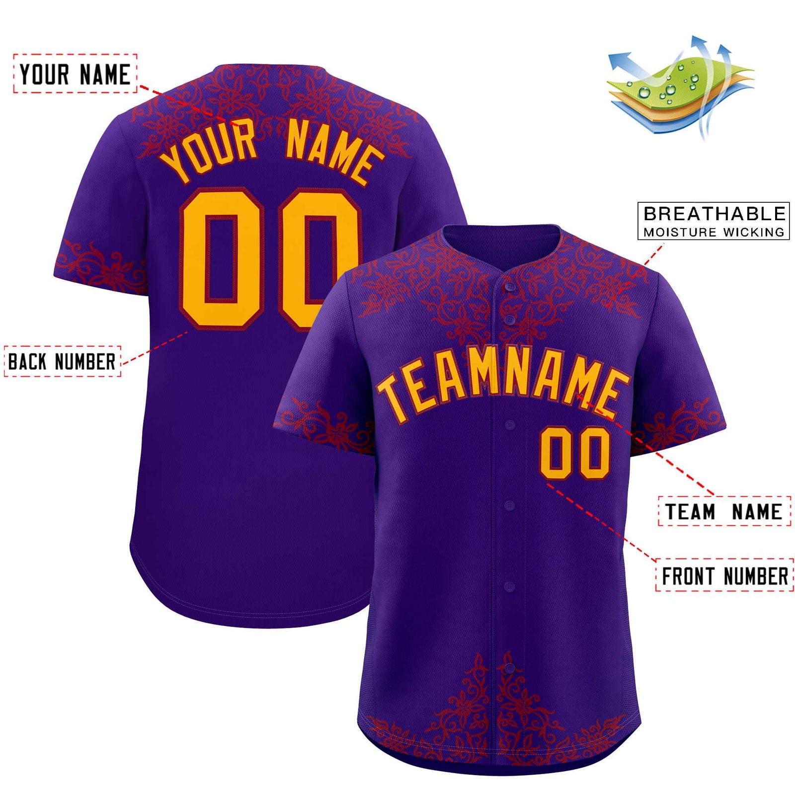 Custom Purple Crimson Baroque Style Personalized Baseball Jersey