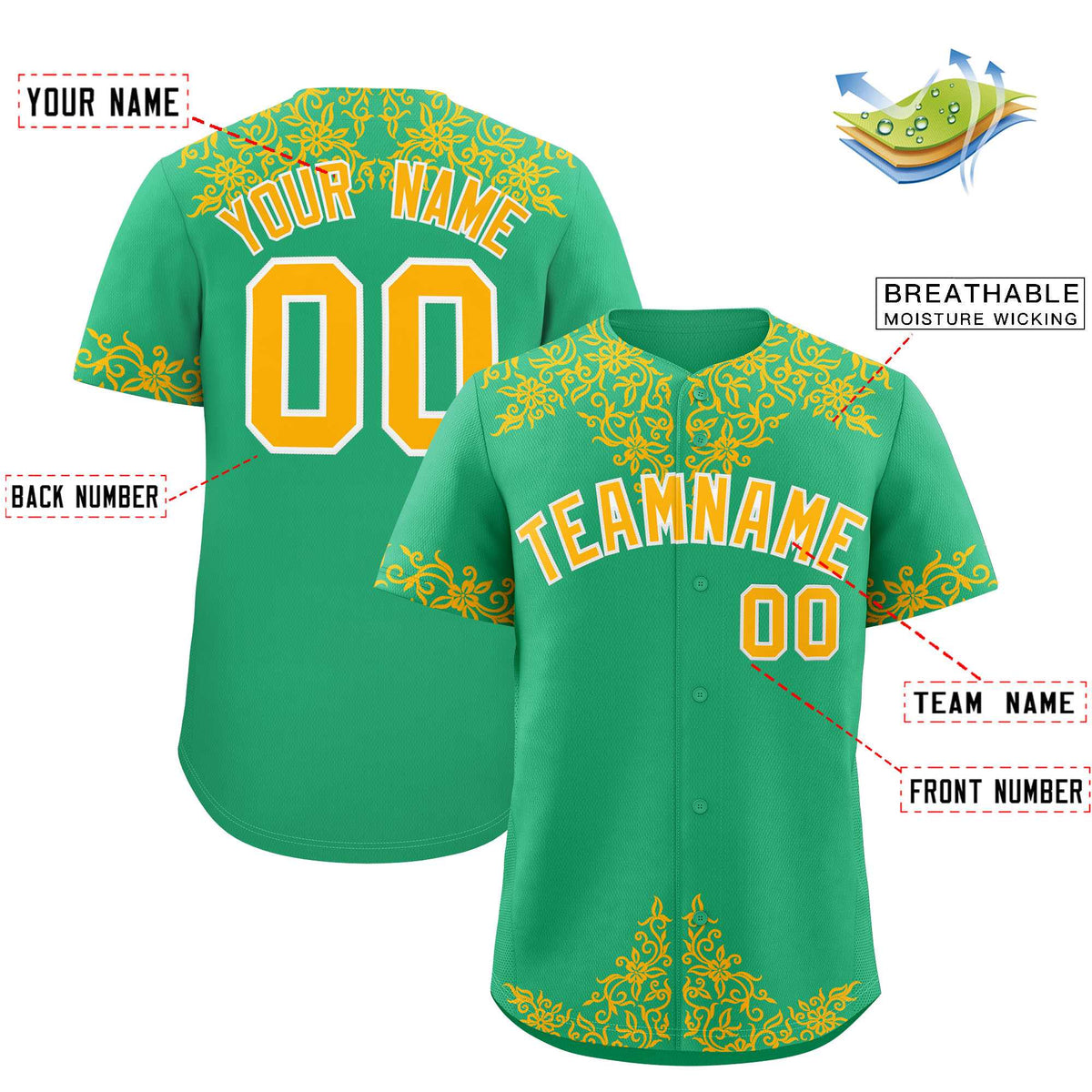 Custom Bright Green Gold Baroque Style Personalized Baseball Jersey