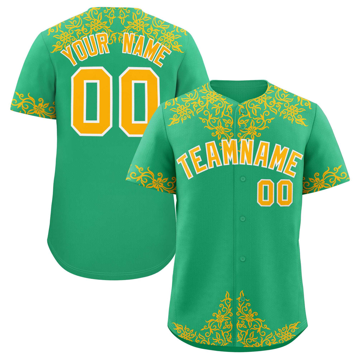 Custom Bright Green Gold Baroque Style Personalized Baseball Jersey