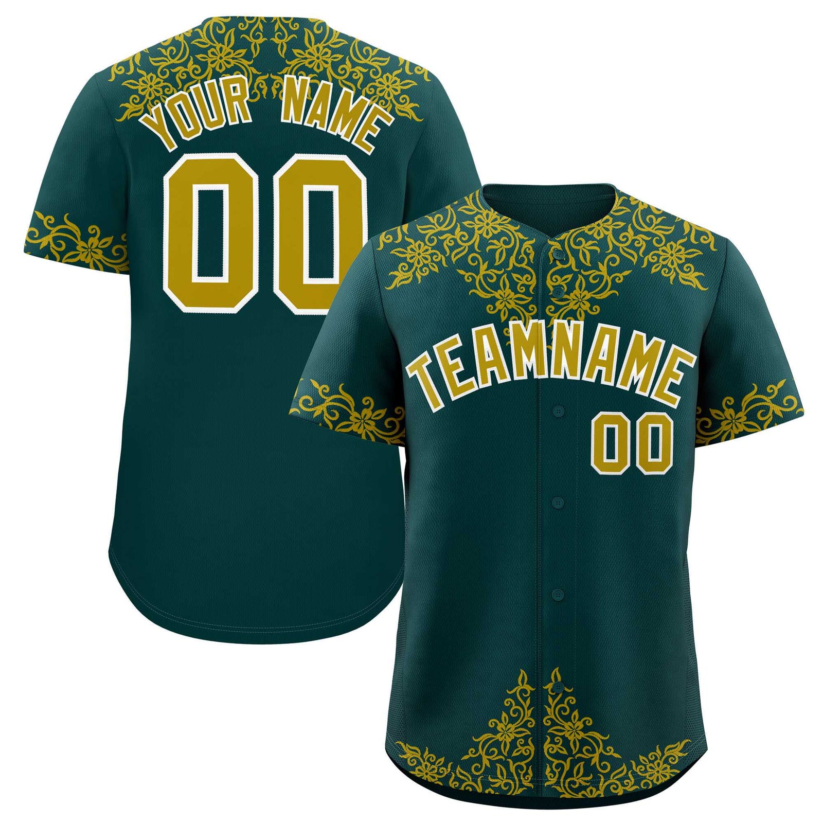 Custom Midnight Green Old Gold Baroque Style Personalized Baseball Jersey