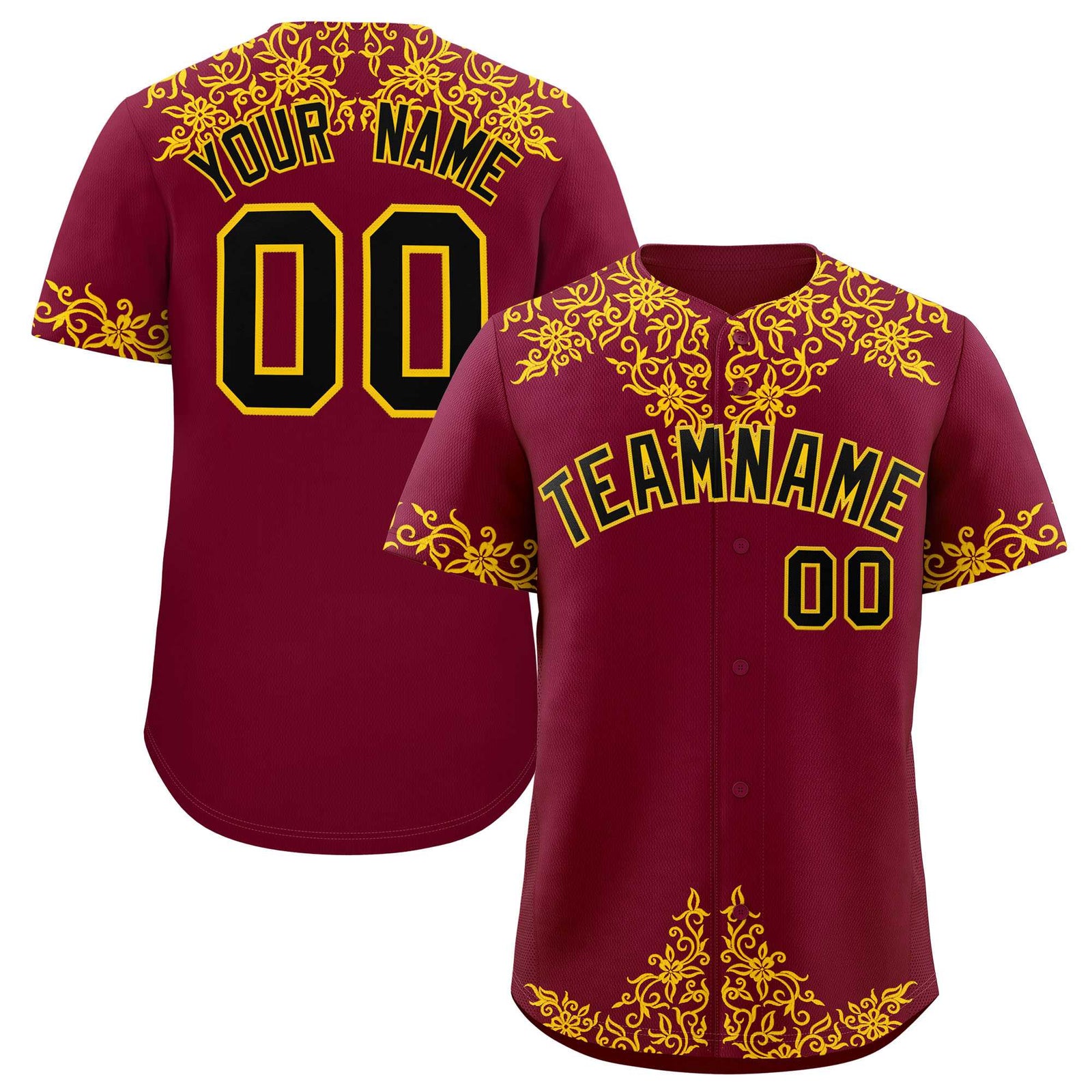 Custom Crimson Yellow Baroque Style Personalized Baseball Jersey