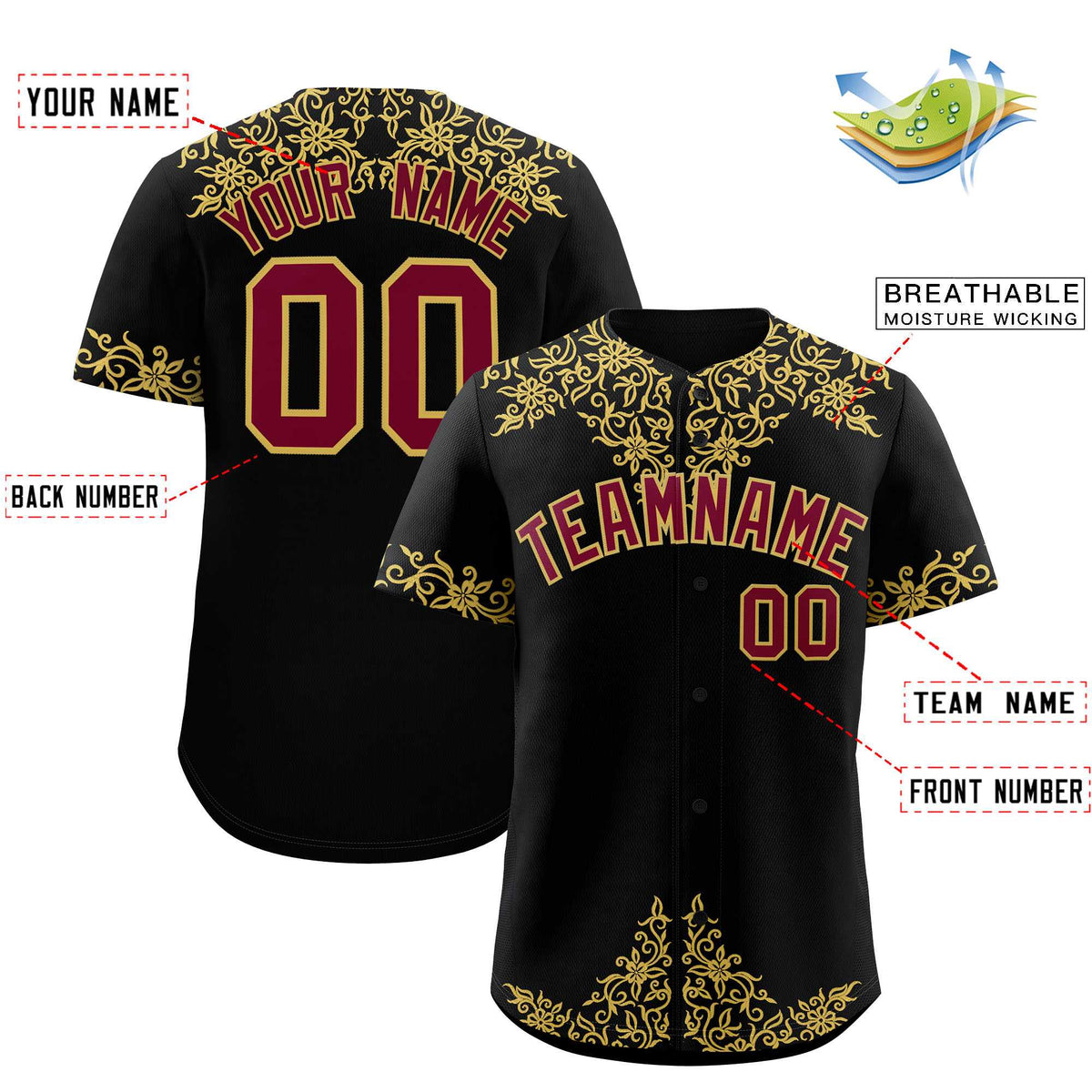 Custom Black Old Gold Baroque Style Personalized Baseball Jersey