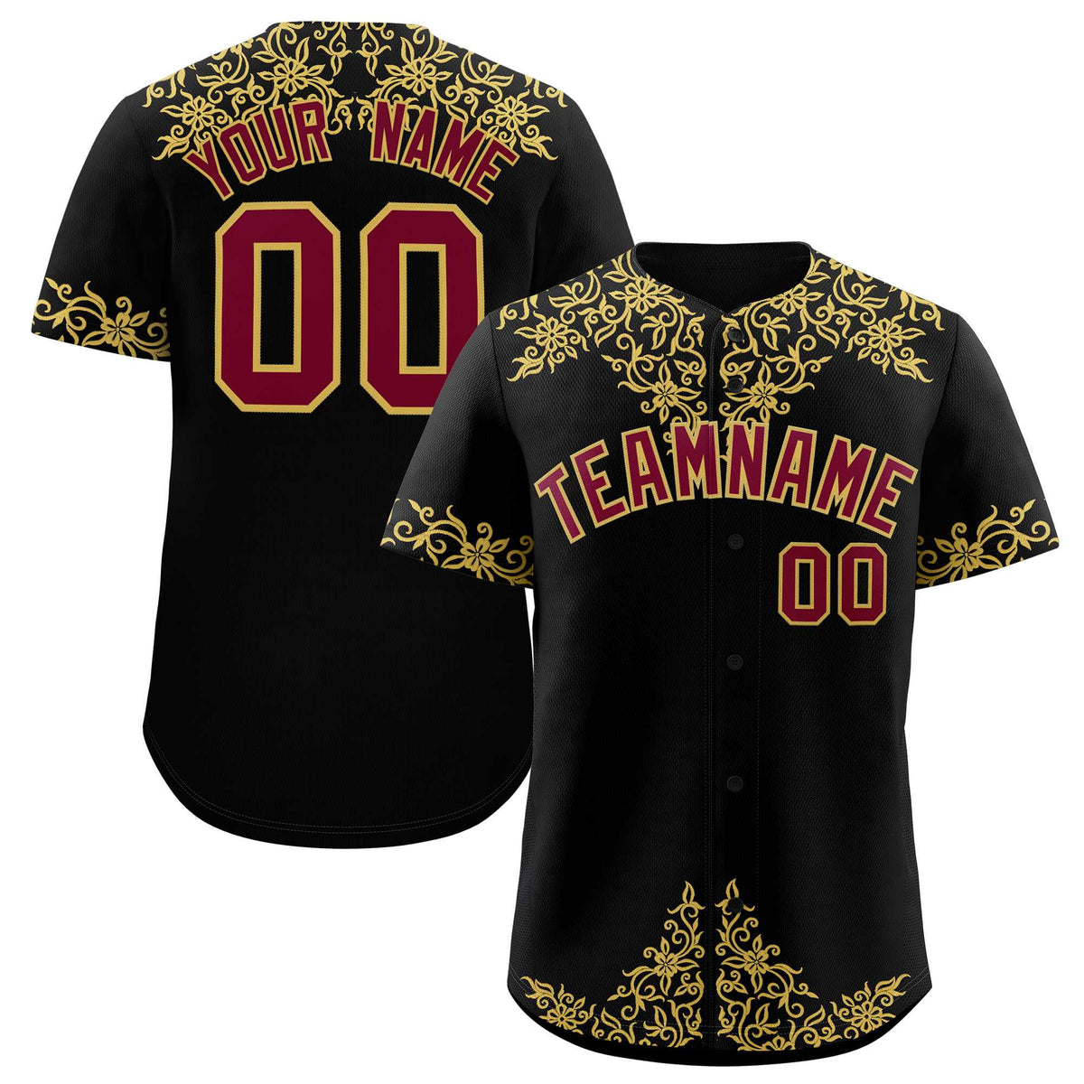 Custom Black Old Gold Baroque Style Personalized Baseball Jersey